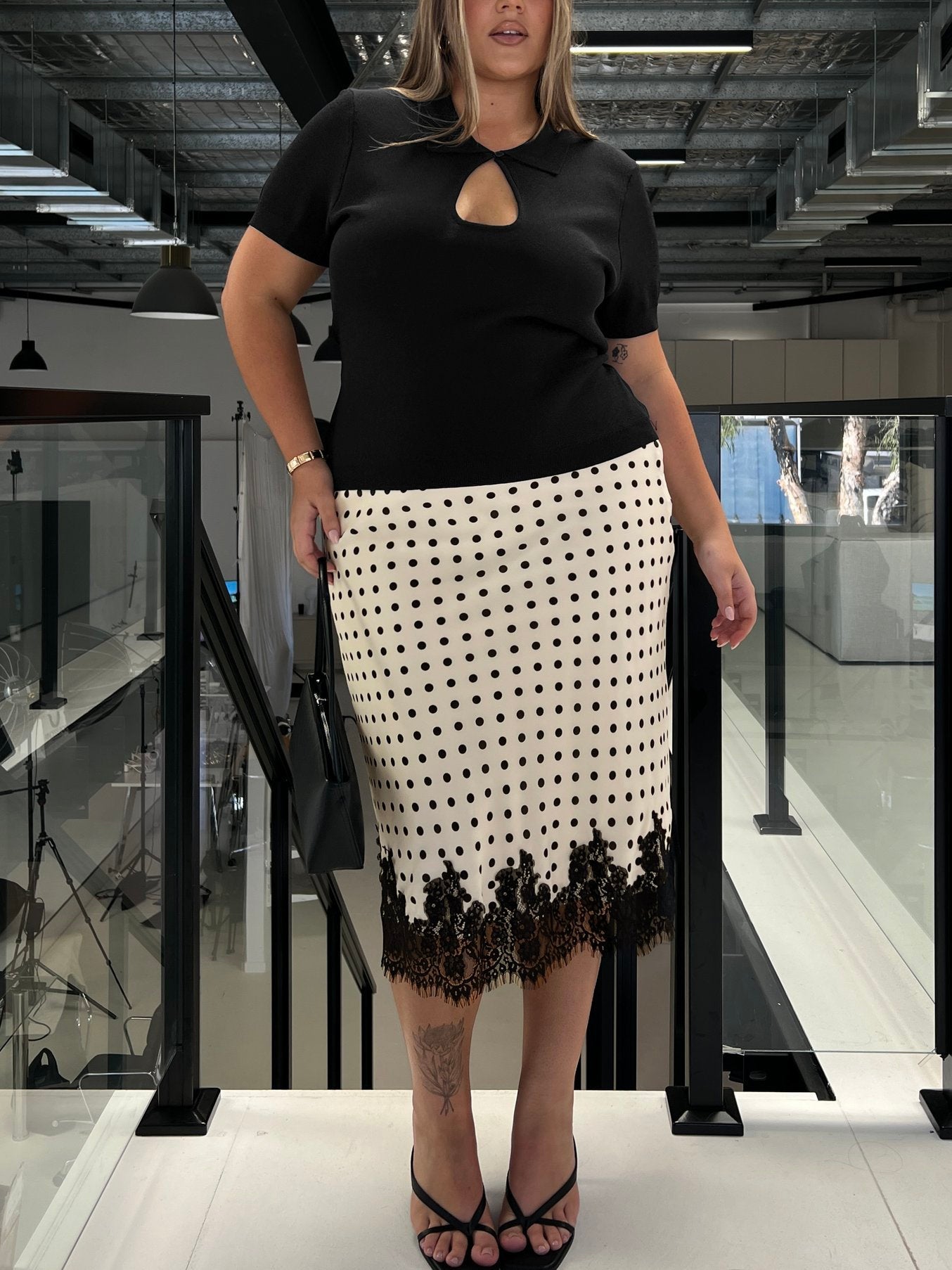 Downtown Scene Lace Trim Maxi Skirt Cream Polka Curve