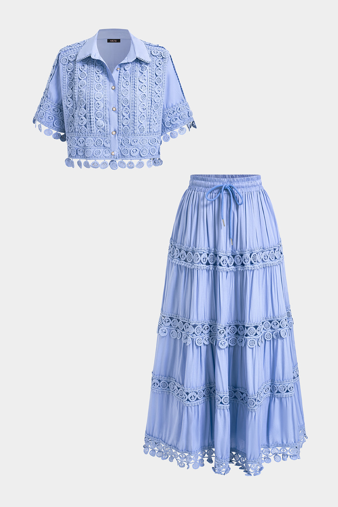Lace Patchwork Short Sleeve Shirt And Tie-Up Ruched Skirt Set