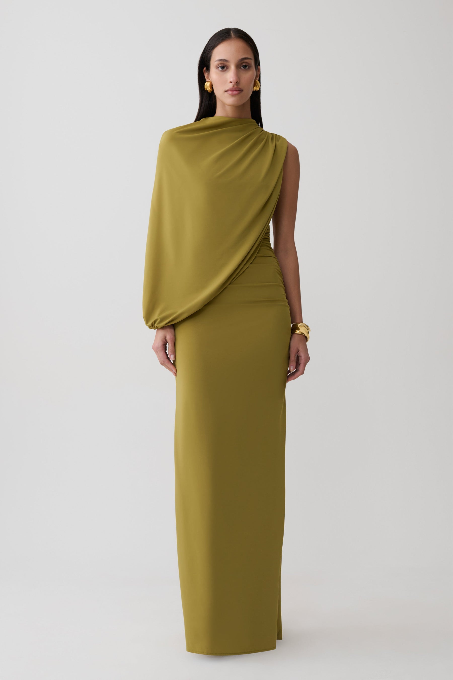 Yuri Gather Sleeve Maxi Dress - Martini Olive