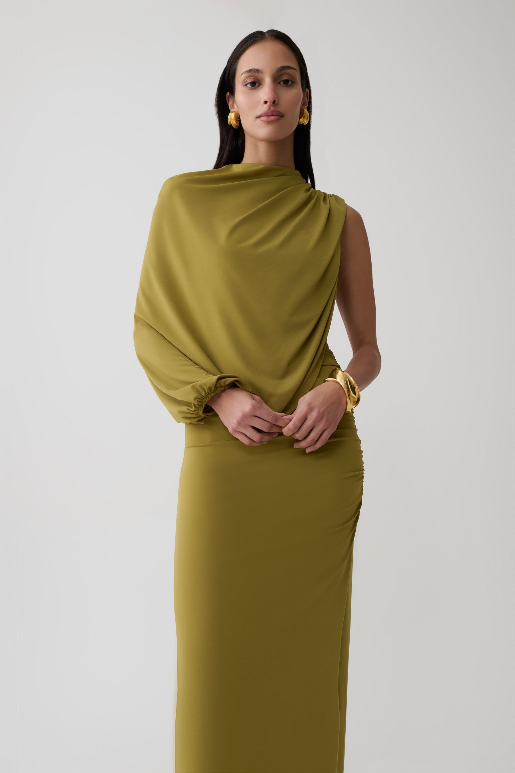 Yuri Gather Sleeve Maxi Dress - Martini Olive