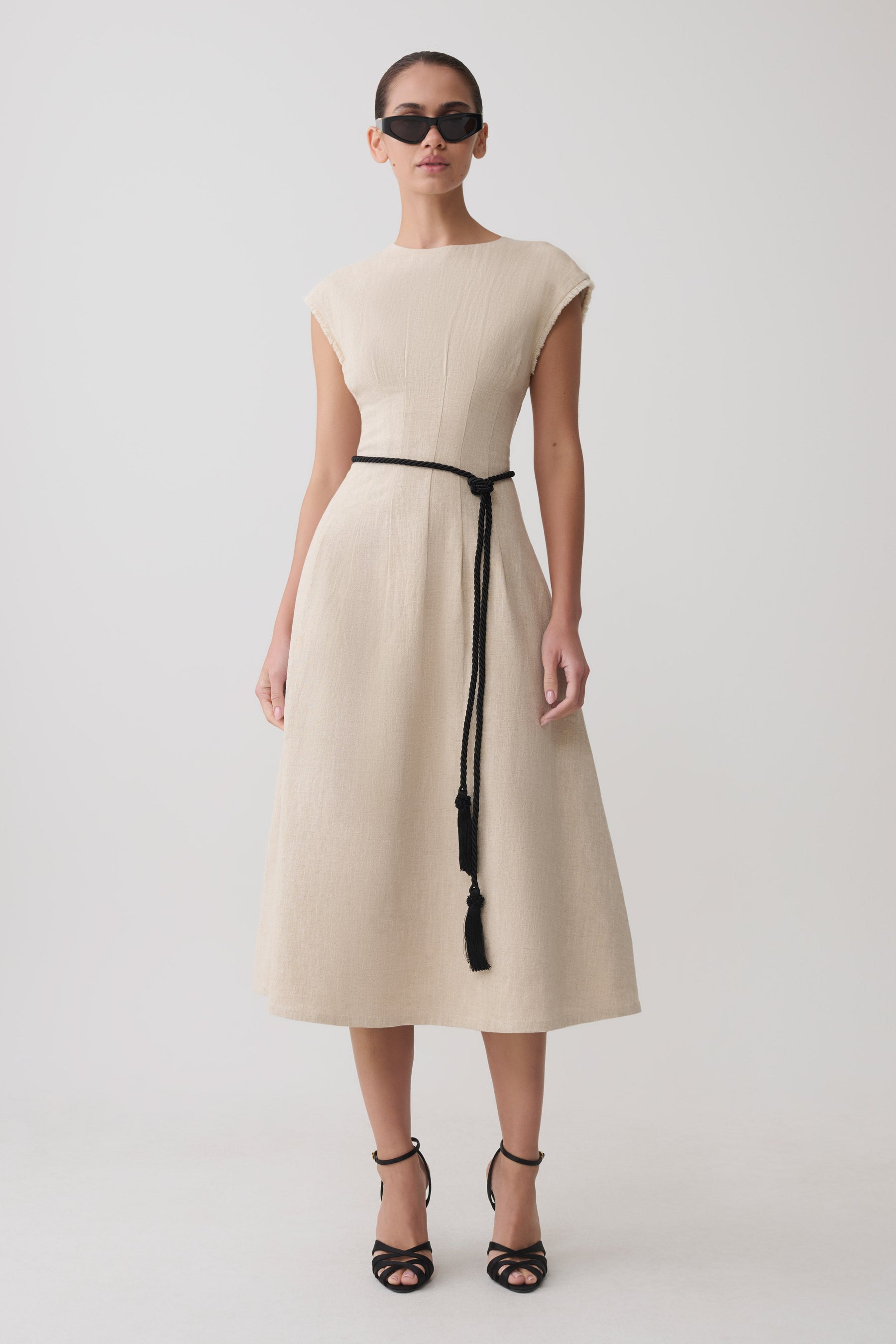 Zinia Linen Cap Sleeve Midi Dress - Natural
