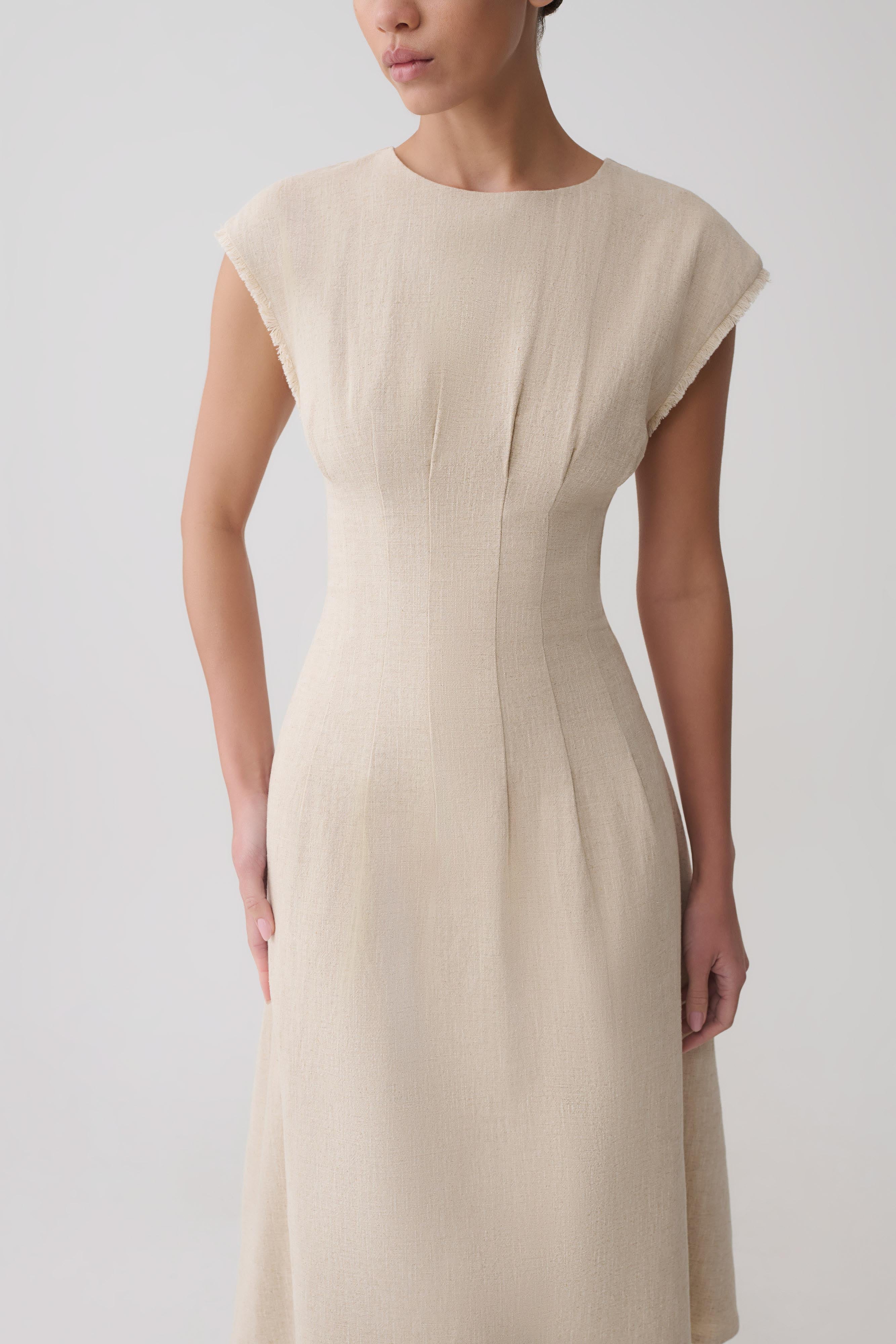 Zinia Linen Cap Sleeve Midi Dress - Natural