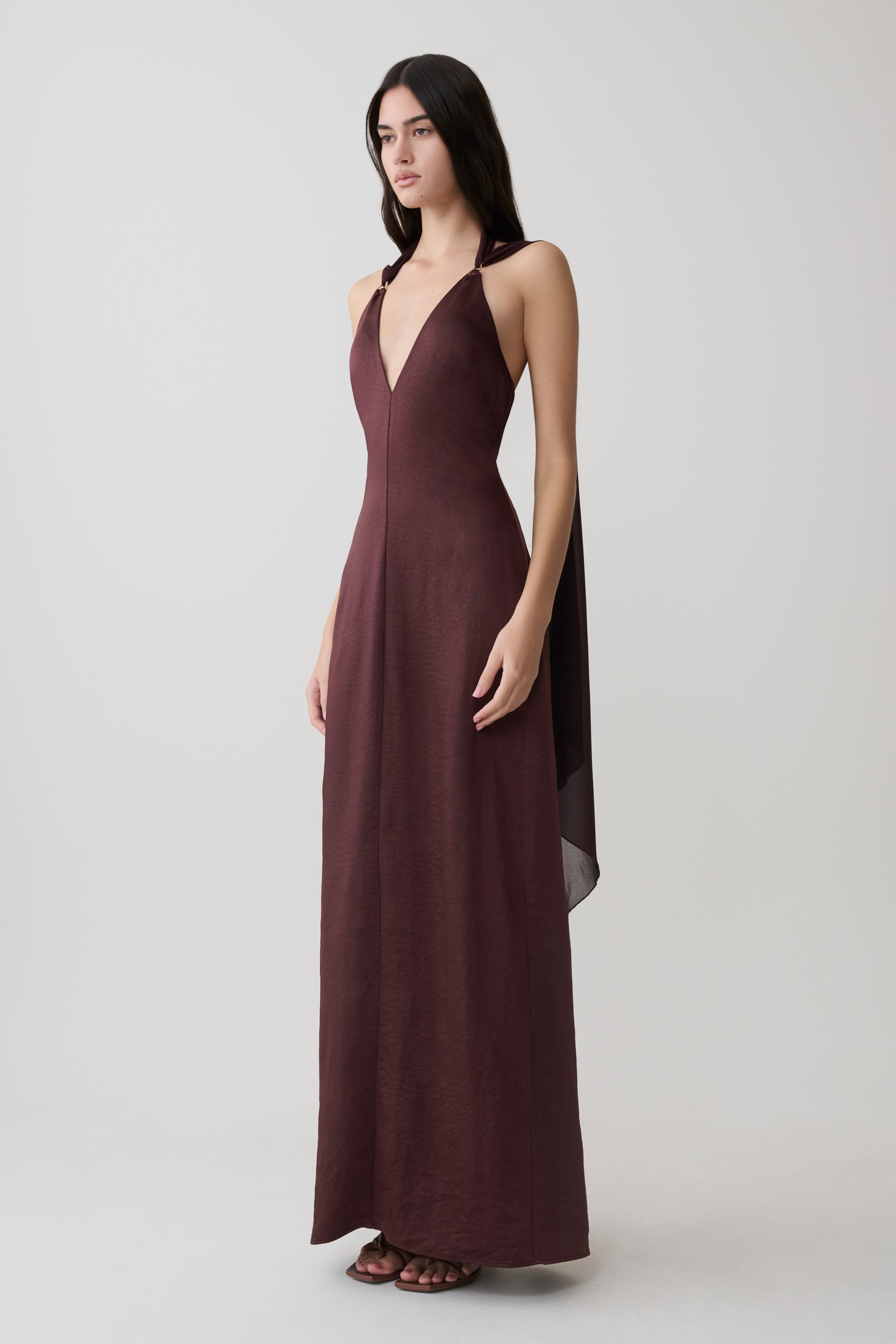 Myla Draped Shoulders Satin Maxi Dress - Chocolate