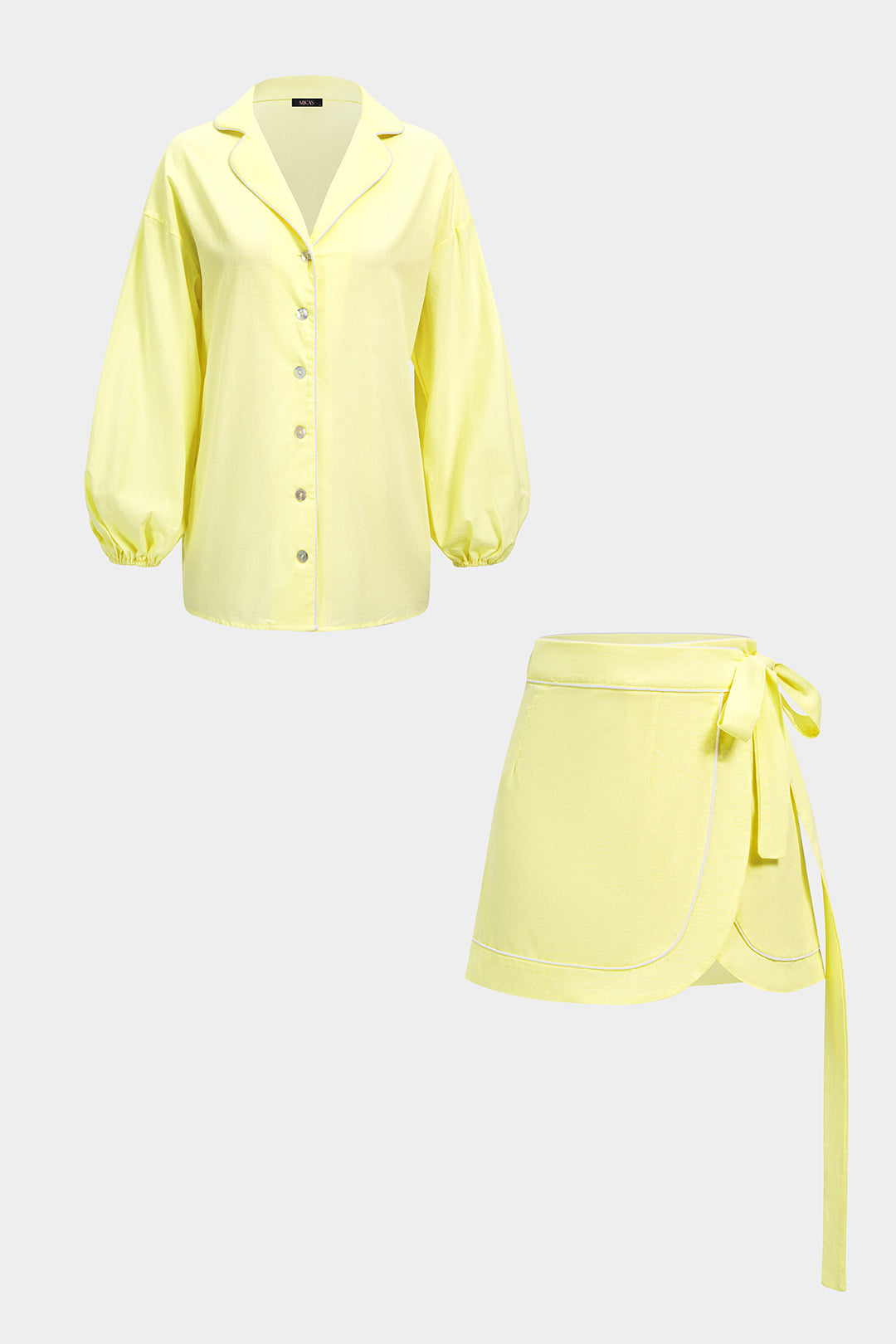 Notched Lapel Long Sleeve Shirt And Tie-Up Mini Skirt Set