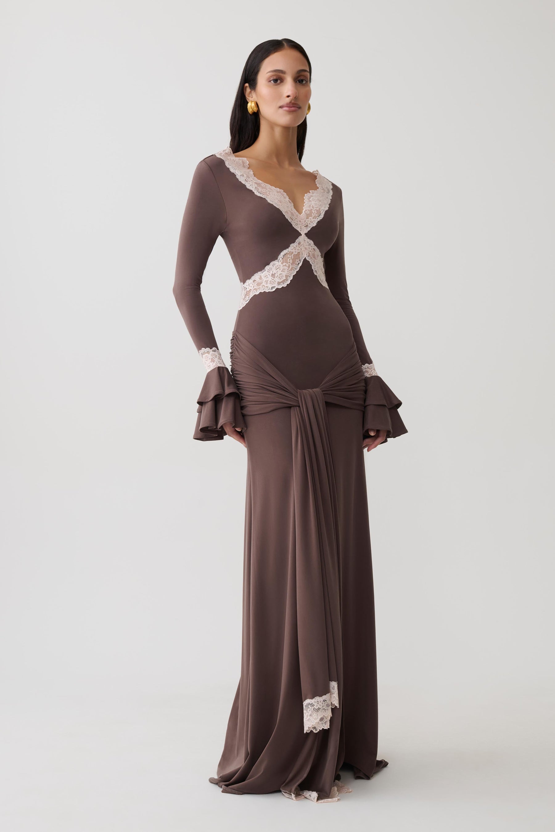 Electra Slinky Lace Maxi Dress - Chocolate/Ballet Pink