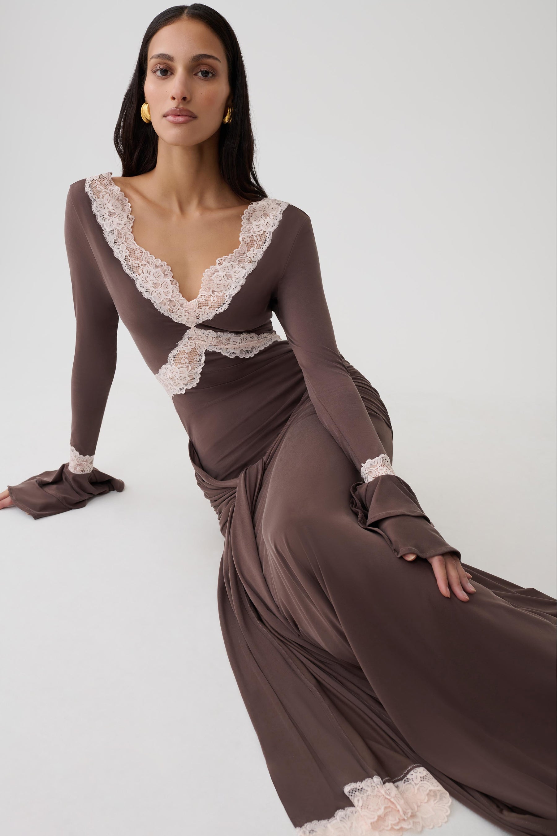 Electra Slinky Lace Maxi Dress - Chocolate/Ballet Pink