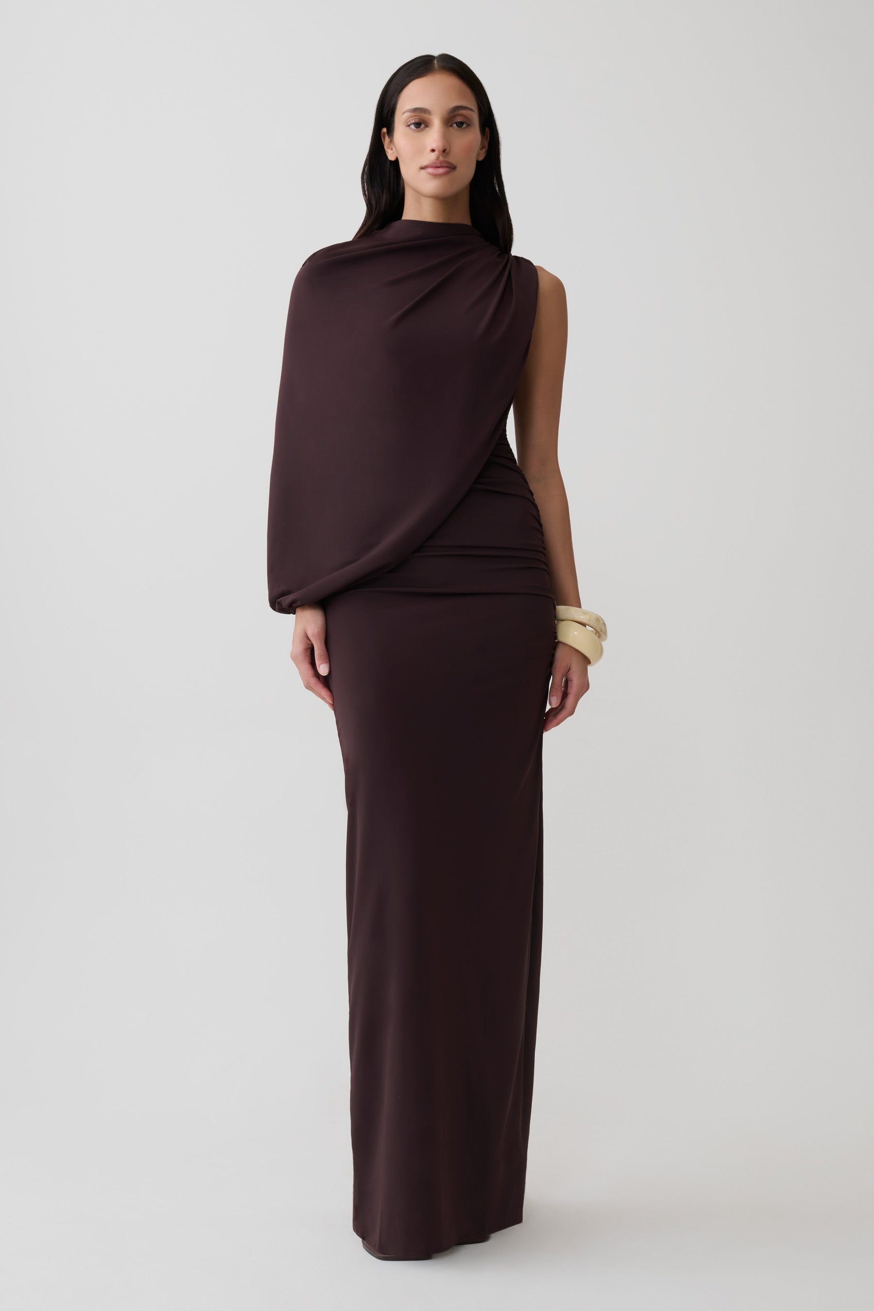 Yuri Gather Sleeve Maxi Dress - Chocolate