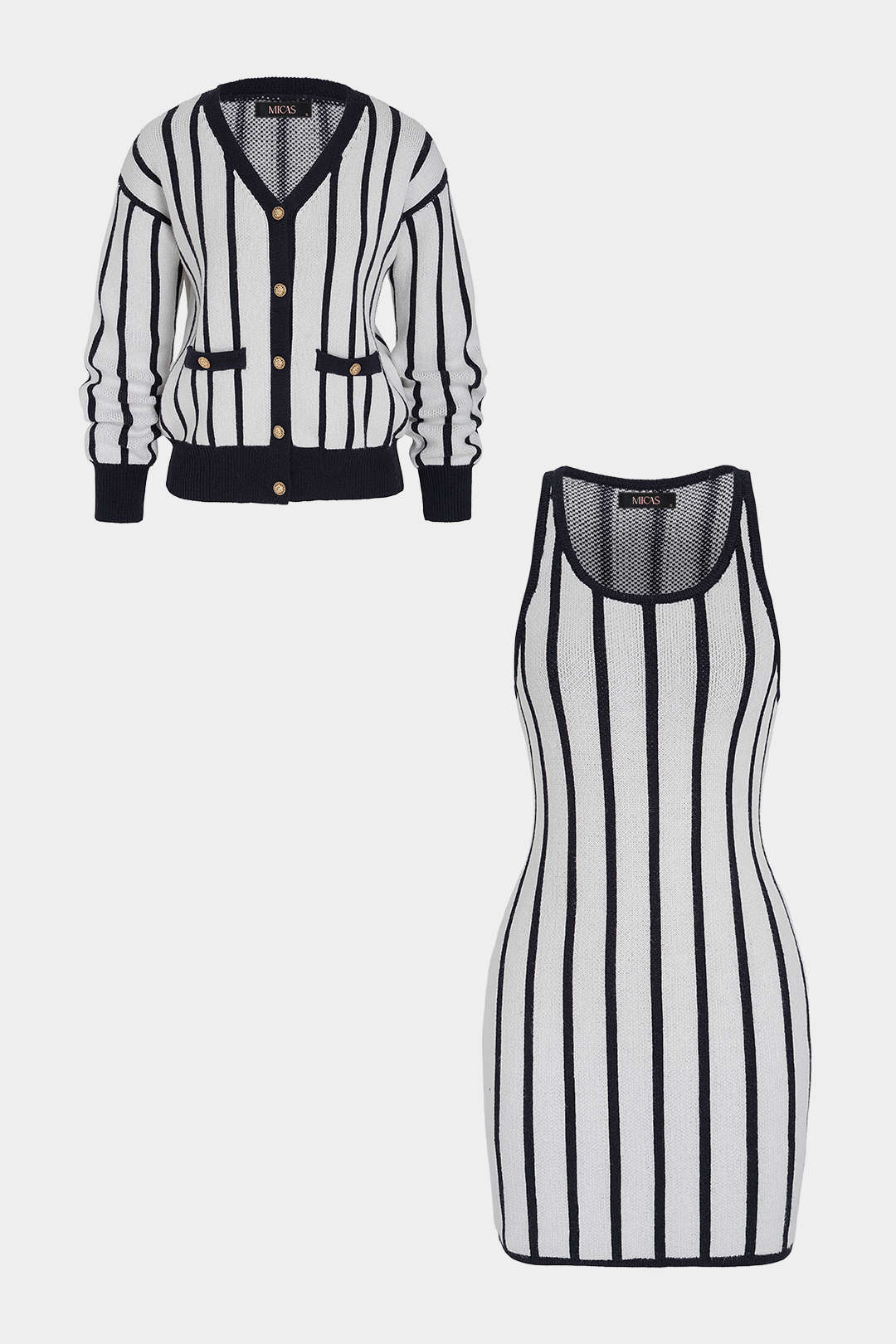 Knit Stripes Print V-Neck Long Sleeve Cardigan And Round Neck Sleeveless Mini Dress Set