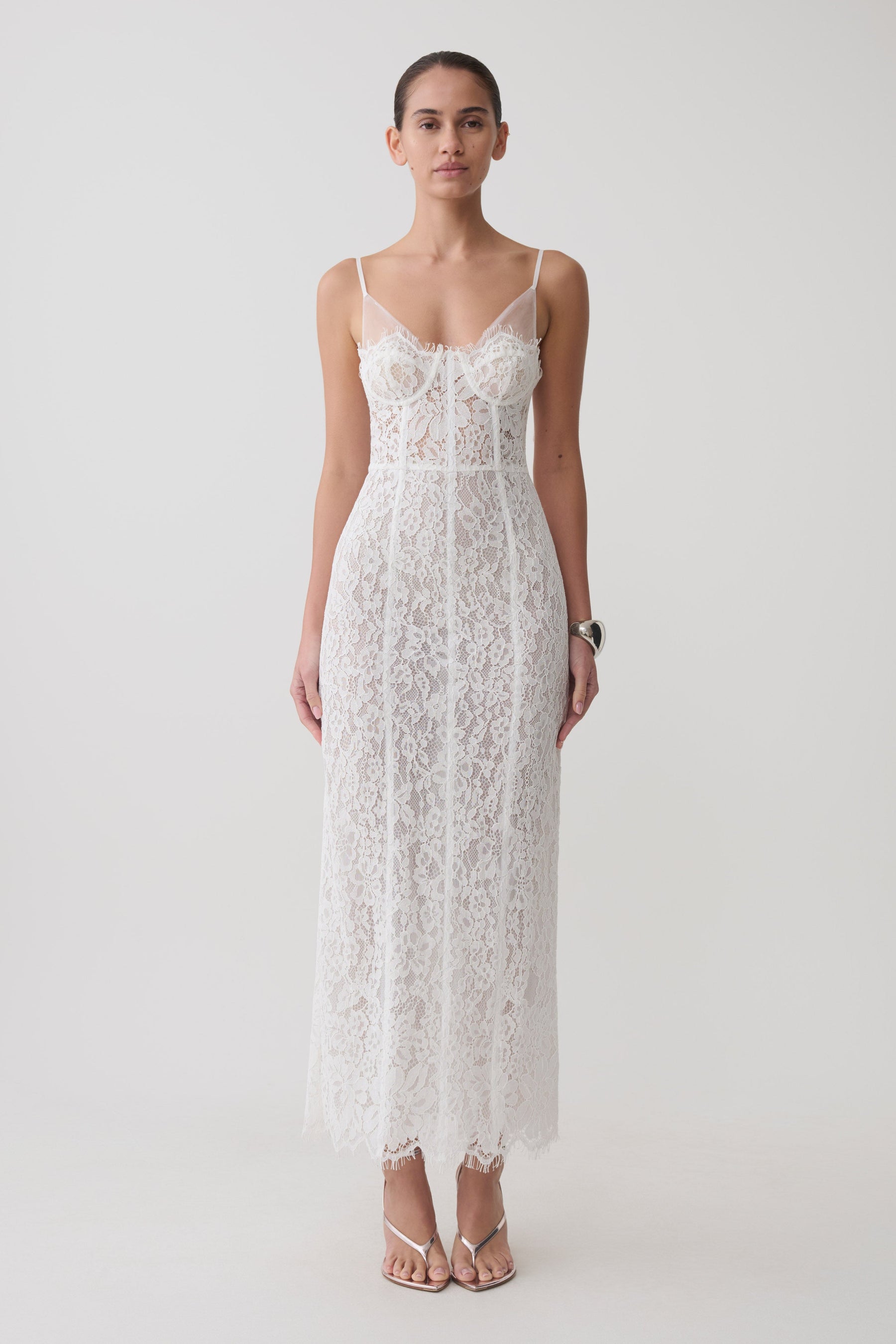 Ottilie Lace And Mesh Midi Dress - White