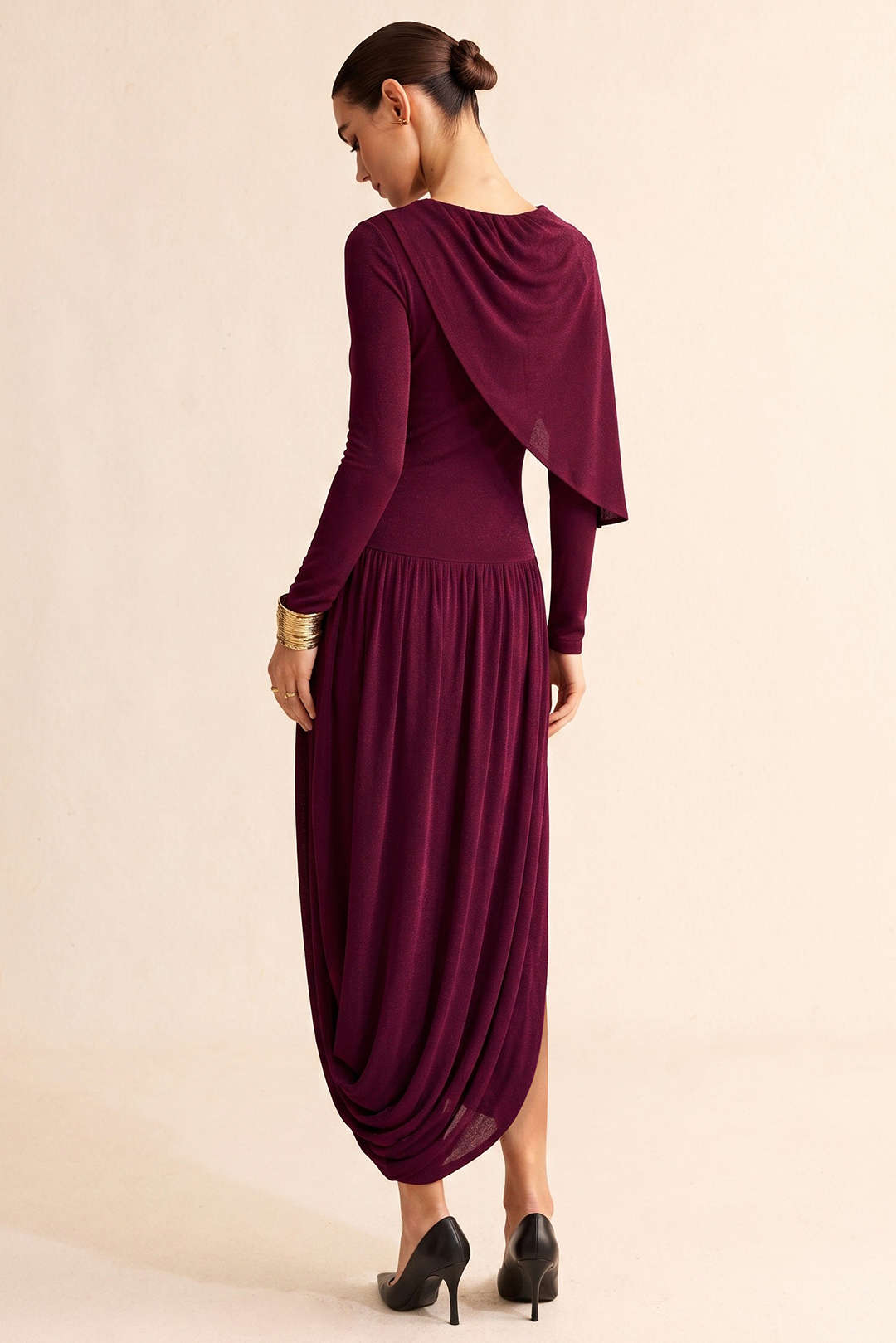 Asymmetrical Ruched Round Neck Long Sleeve Maxi Dress