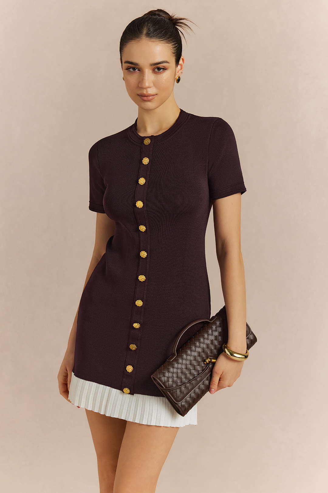 Contrast Round Neck Metallic Button Short Sleeve Mini Dress