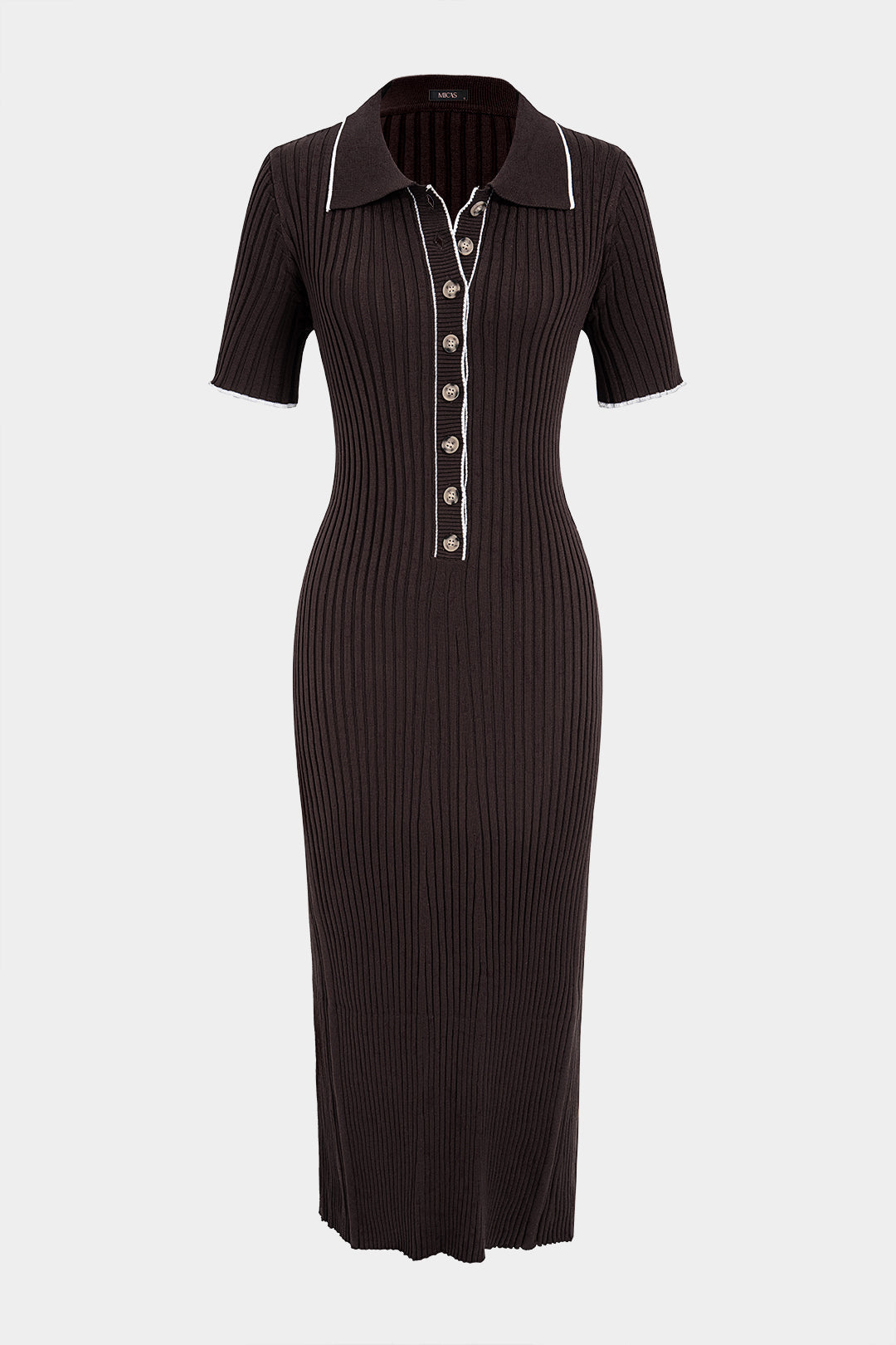 Knit Conrast Trim Button Ribbed Short Sleeve Maxi Dress