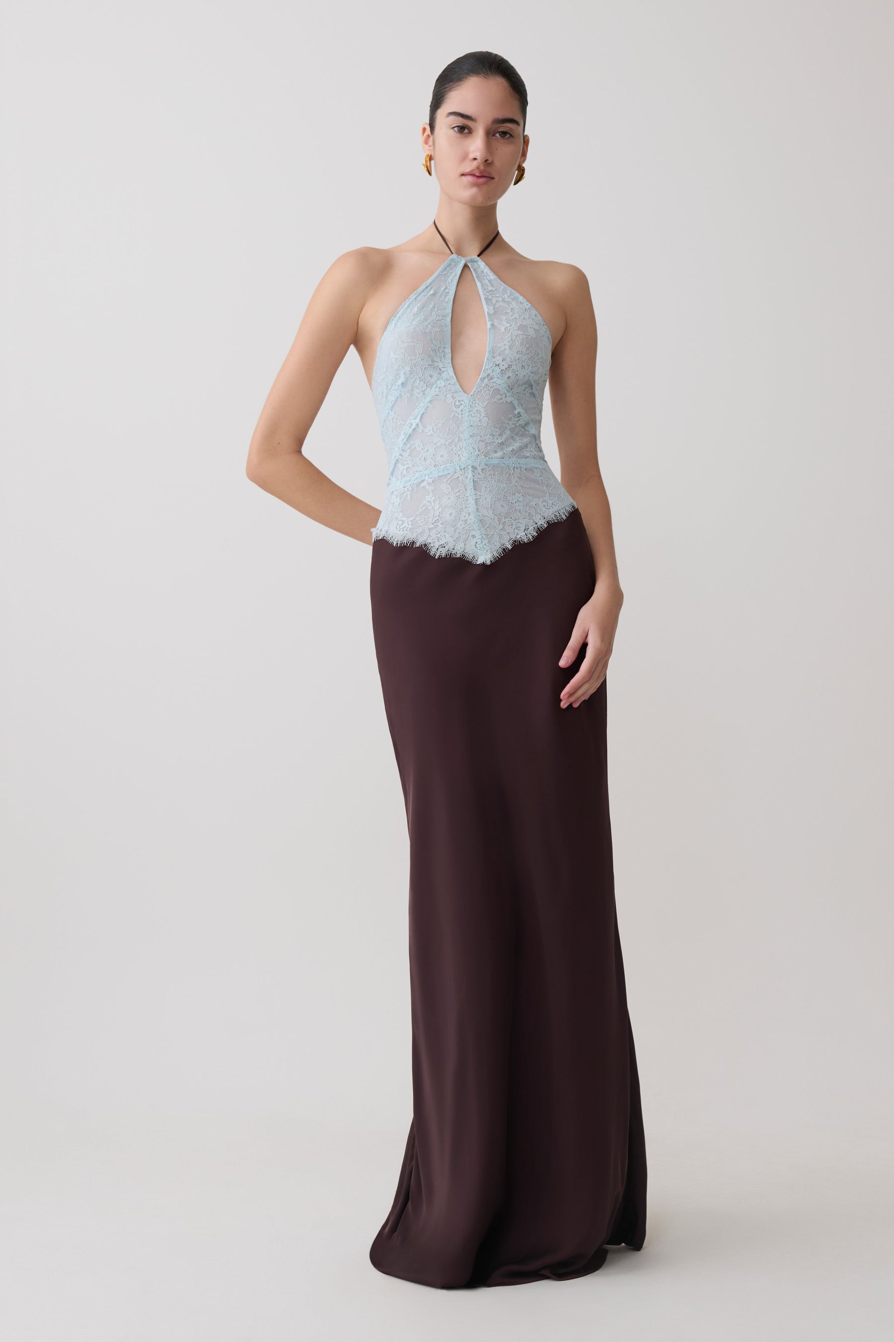 Sascha Lace And Satin Halter Maxi Dress - Ice Blue/Chocolate