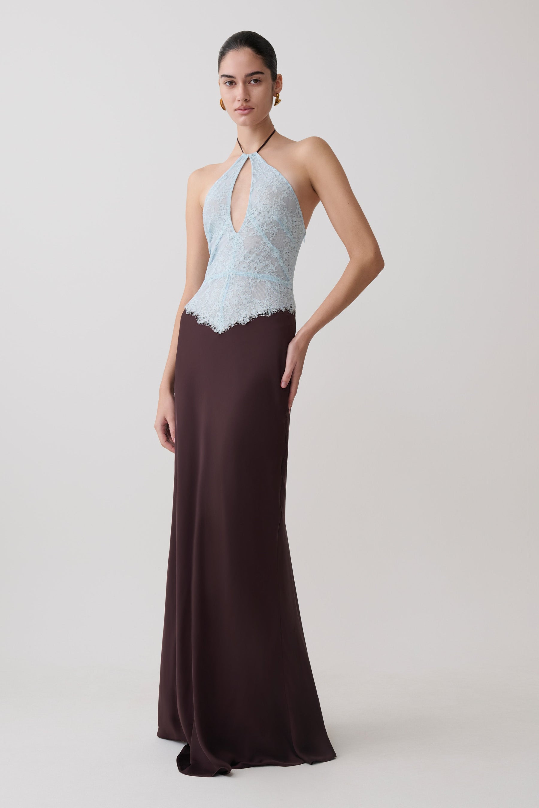 Sascha Lace And Satin Halter Maxi Dress - Ice Blue/Chocolate