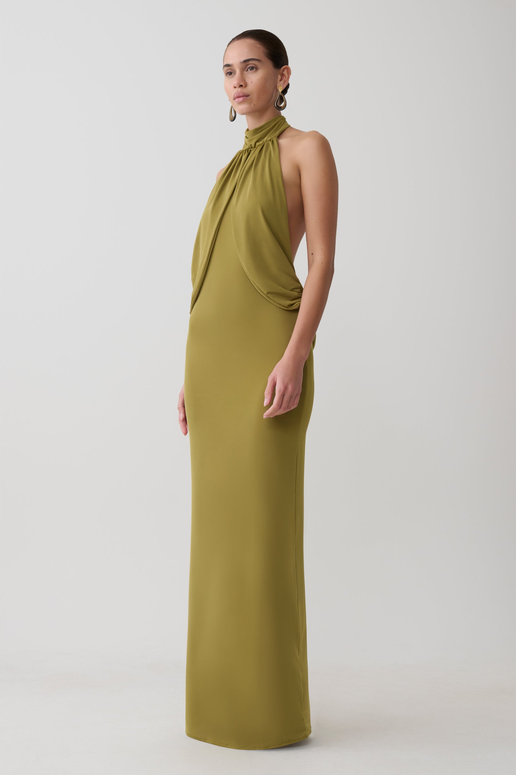 Joan Halter Neck Slinky Maxi Dress - Martini Olive