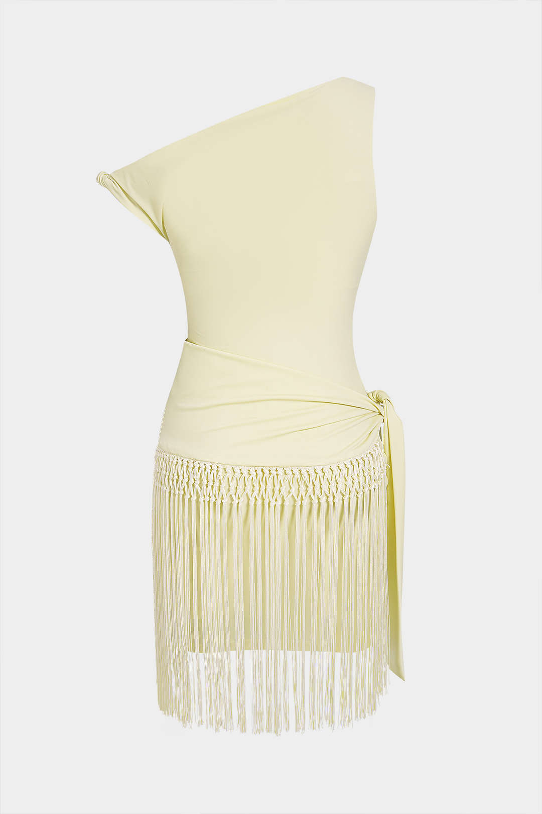 One Shoulder Twist Knot Fringe Sleeveless Mini Dress