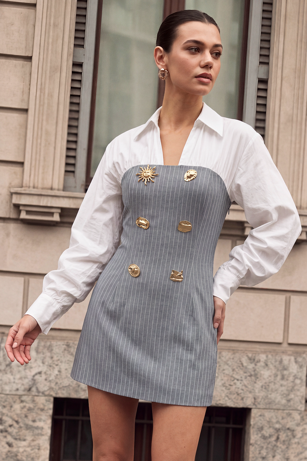 Stripes Print Patchwork Irregular Metallic Long Sleeve Mini Dress