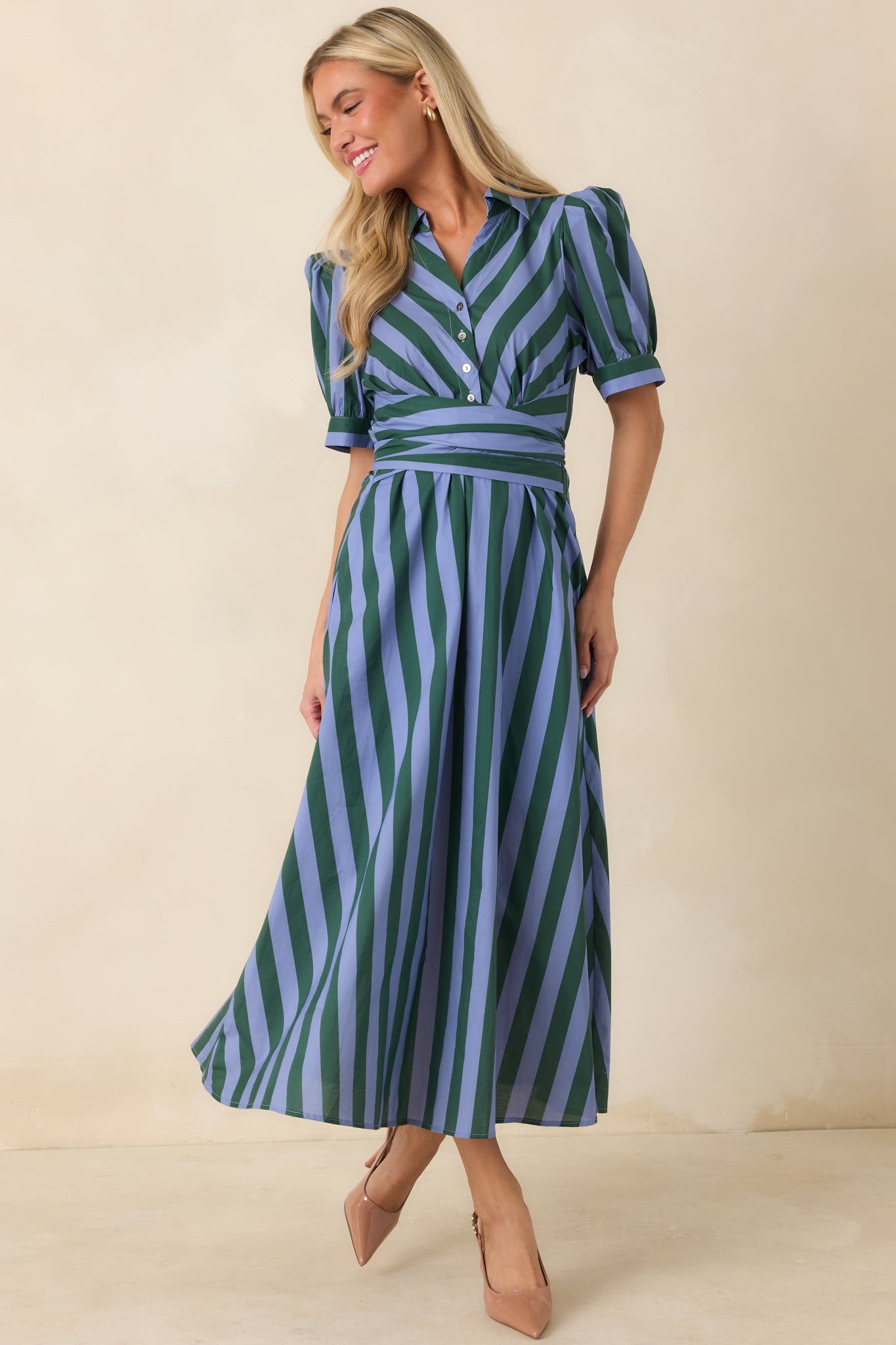 A Fresh Approach Blue & Green Stripe Cotton Midi Shirt Dress