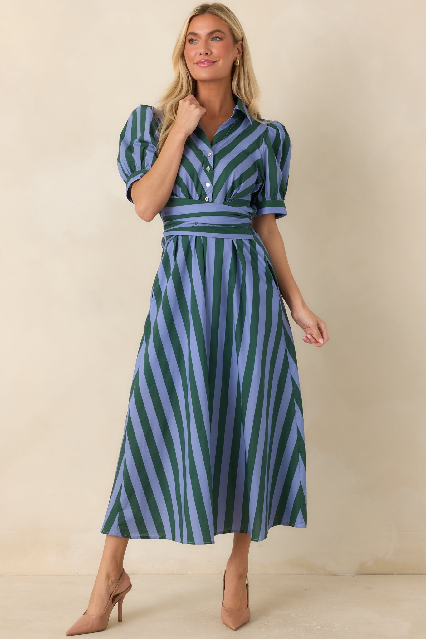A Fresh Approach Blue & Green Stripe Cotton Midi Shirt Dress