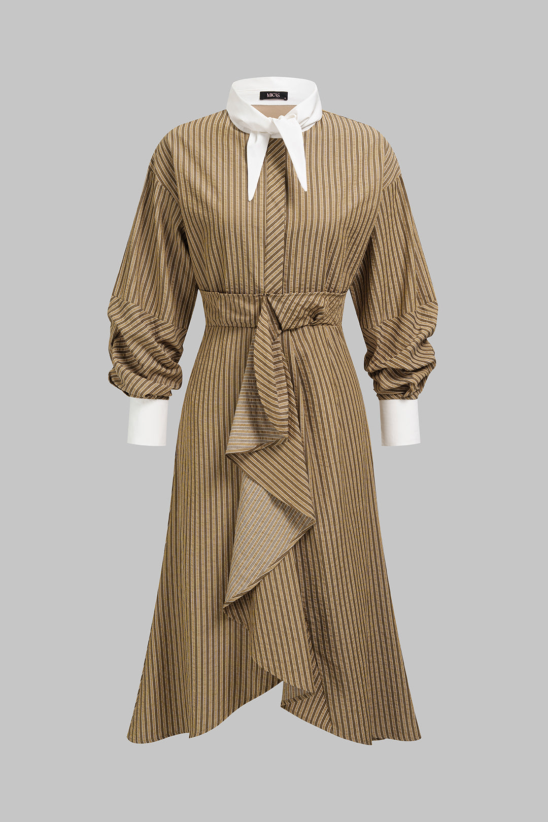 Contrast Stripes Print Asymmetrical Ruched Long Sleeve Midi Dress