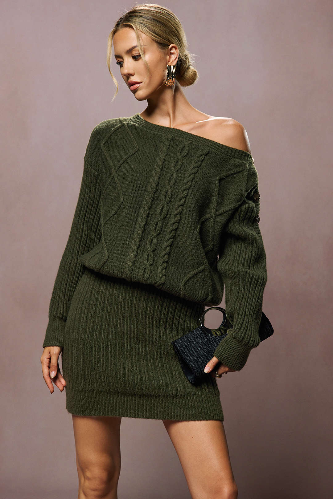 Knit One Shoulder Asymmetrical Metallic Button Long Sleeve Mini Dress