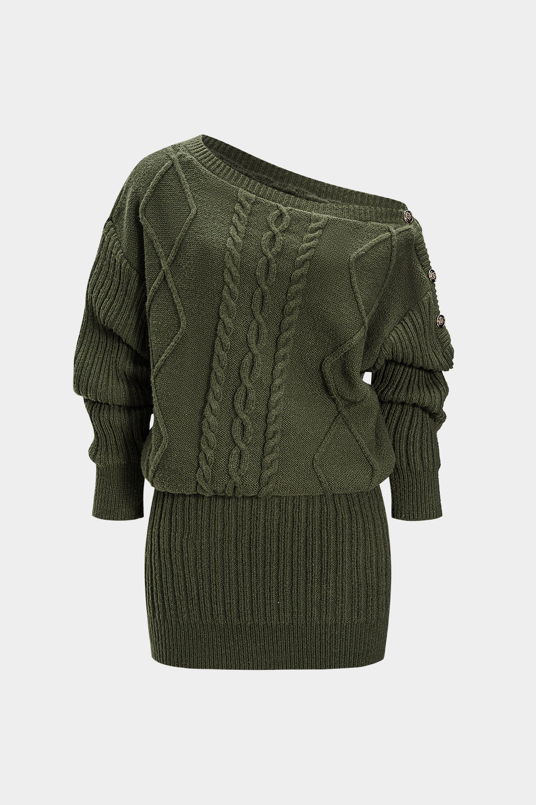 Knit One Shoulder Asymmetrical Metallic Button Long Sleeve Mini Dress