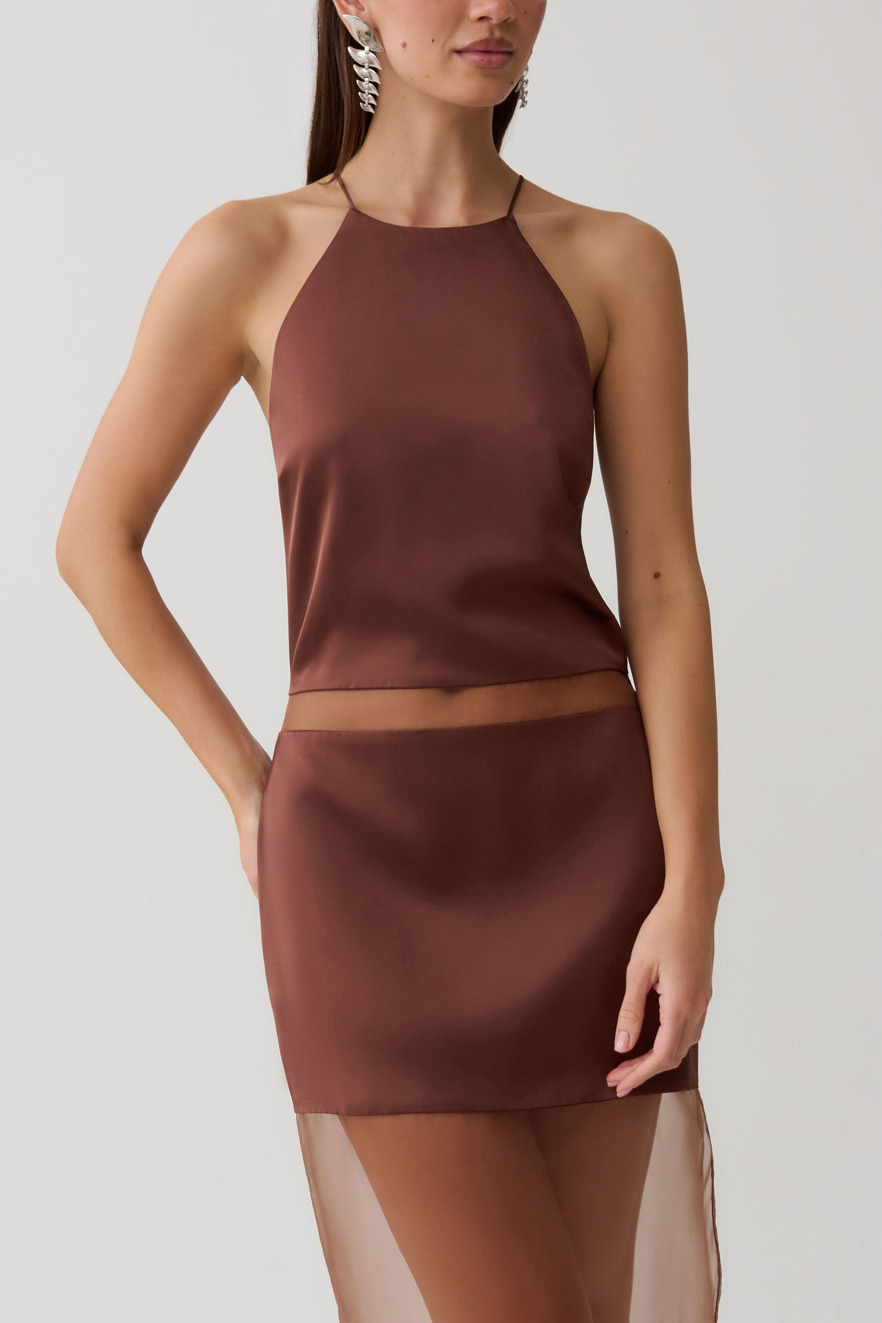 Priscilla Sheer Halter Midi Dress - Dark Chocolate