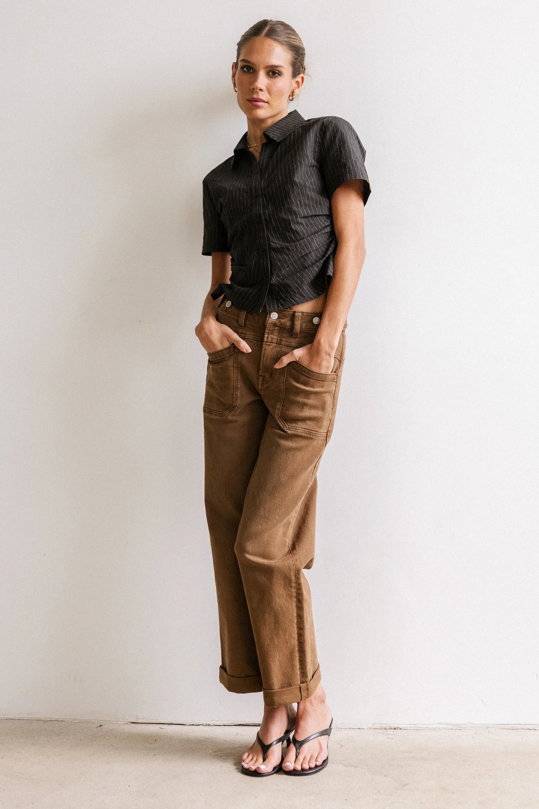 Brandy Ruched Button Up in Black