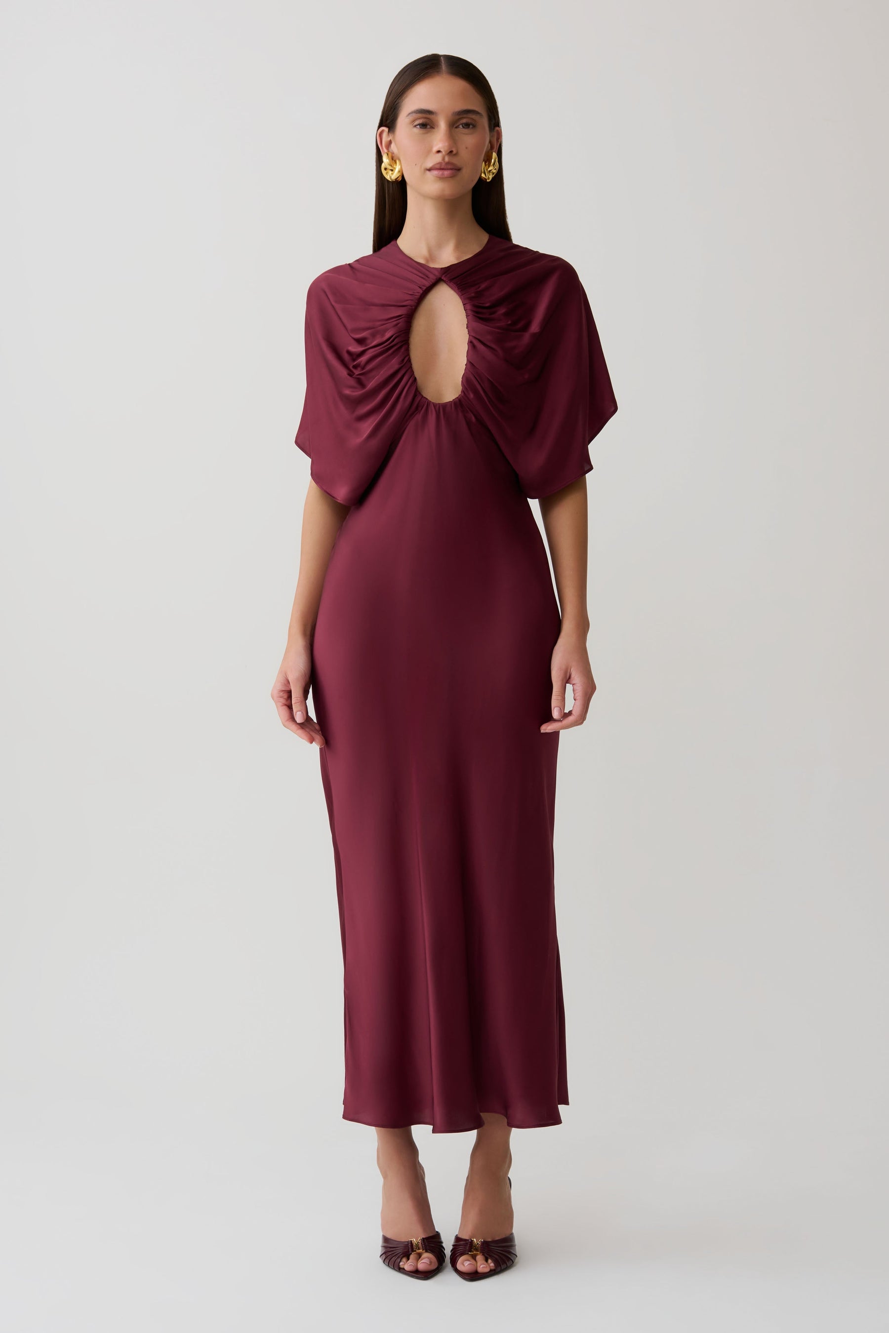 Mona Cut Out Satin Midi Dress - Burgundy