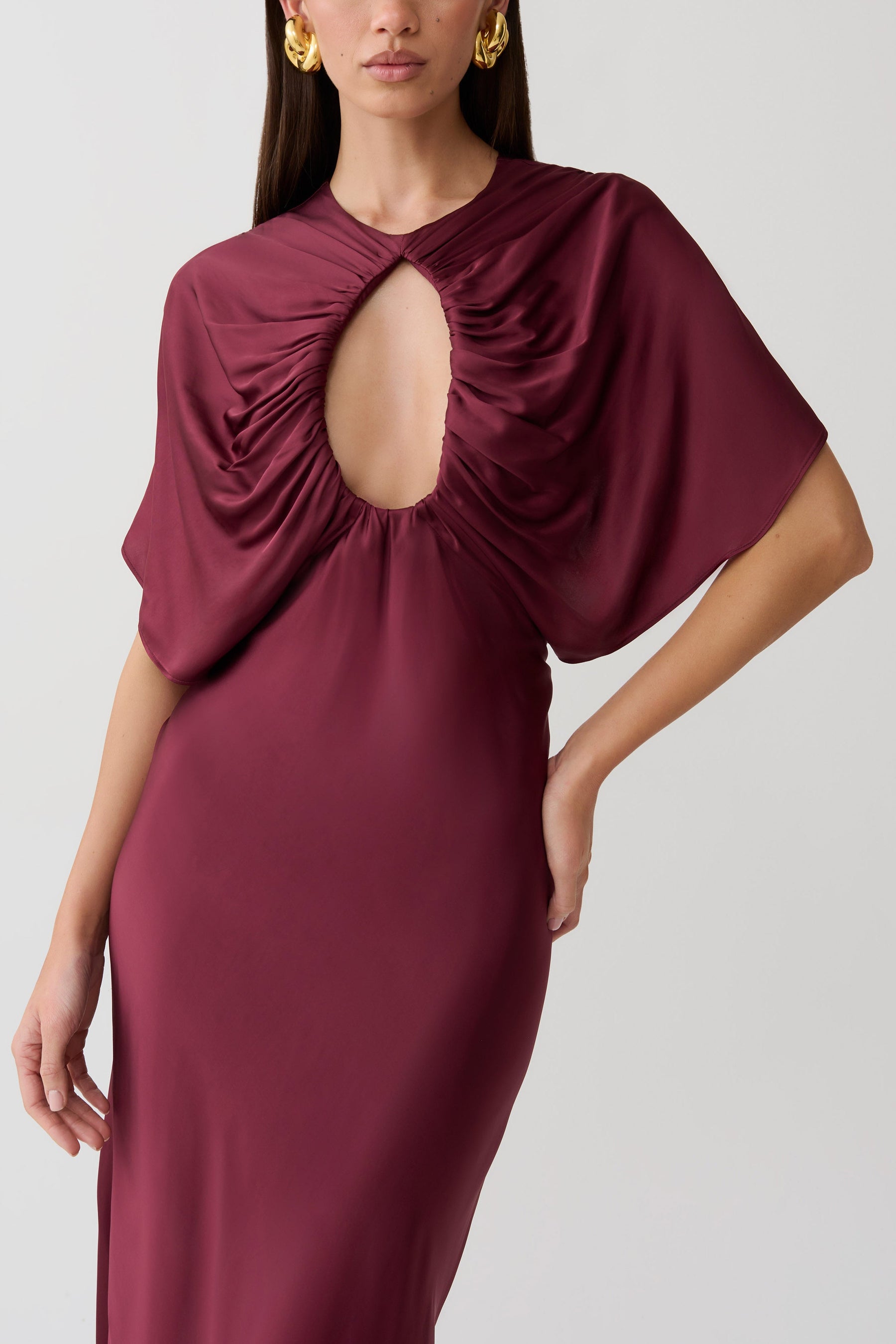 Mona Cut Out Satin Midi Dress - Burgundy
