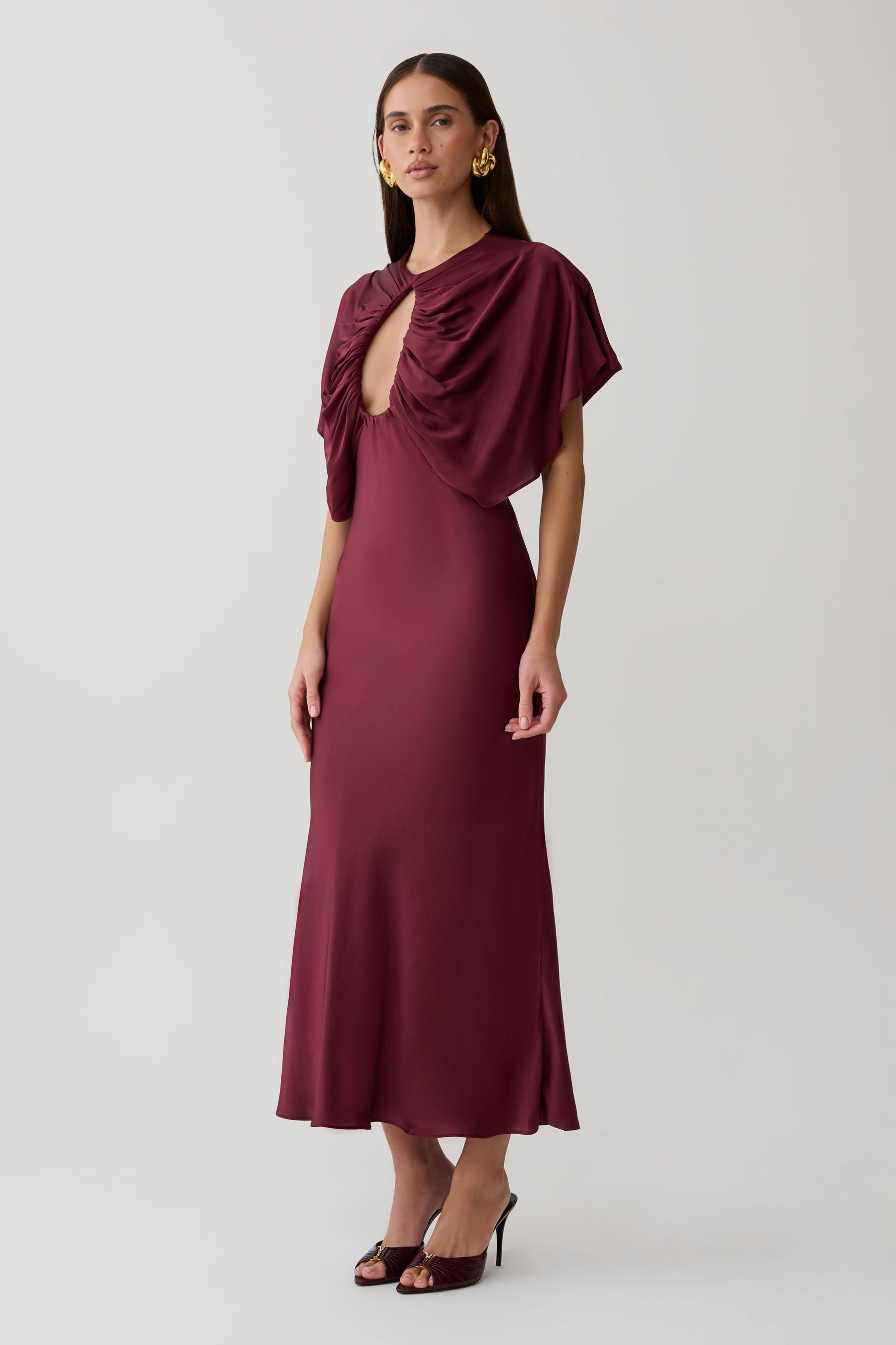 Mona Cut Out Satin Midi Dress - Burgundy