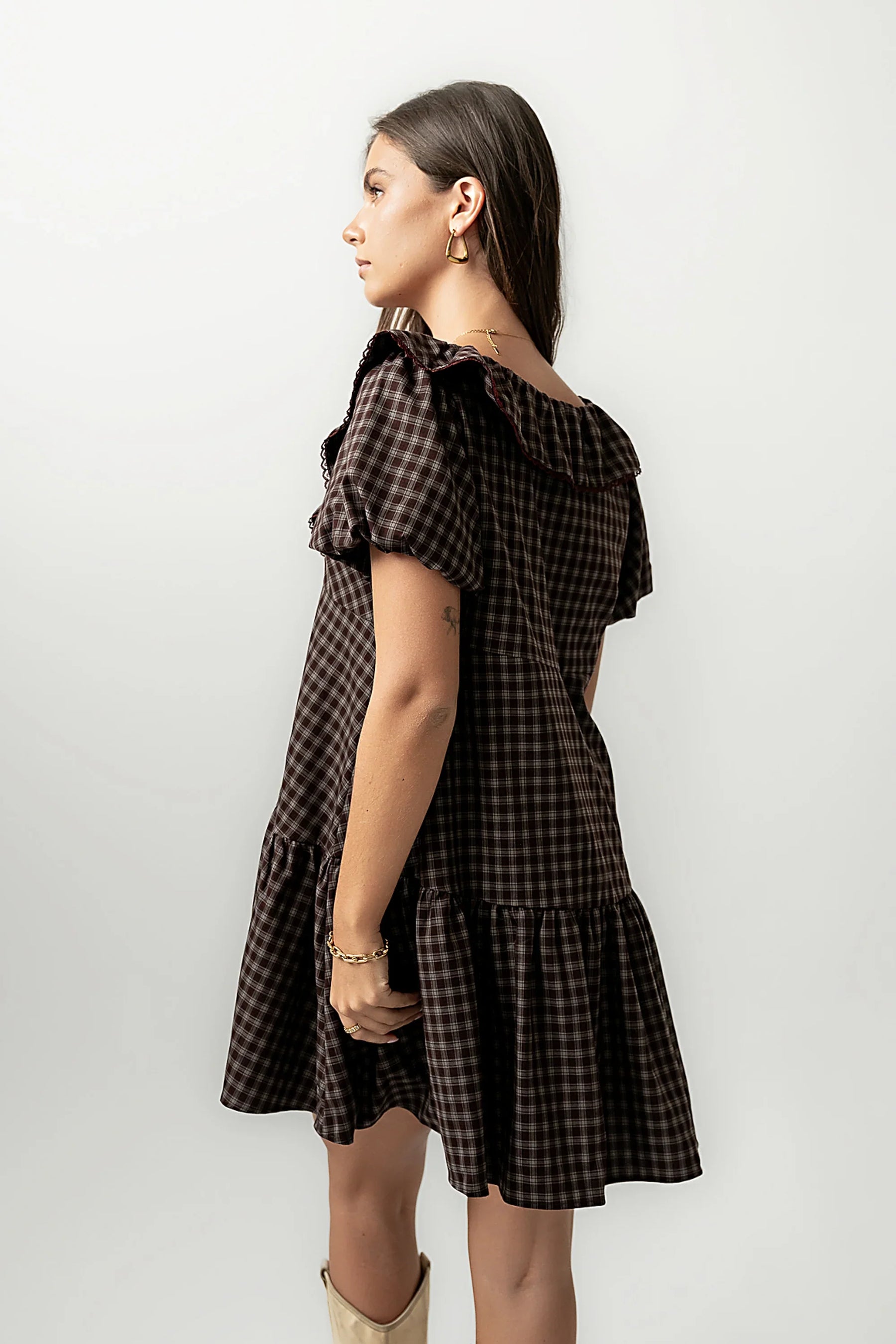 Tony Gingham Baby Doll Dress in Brown