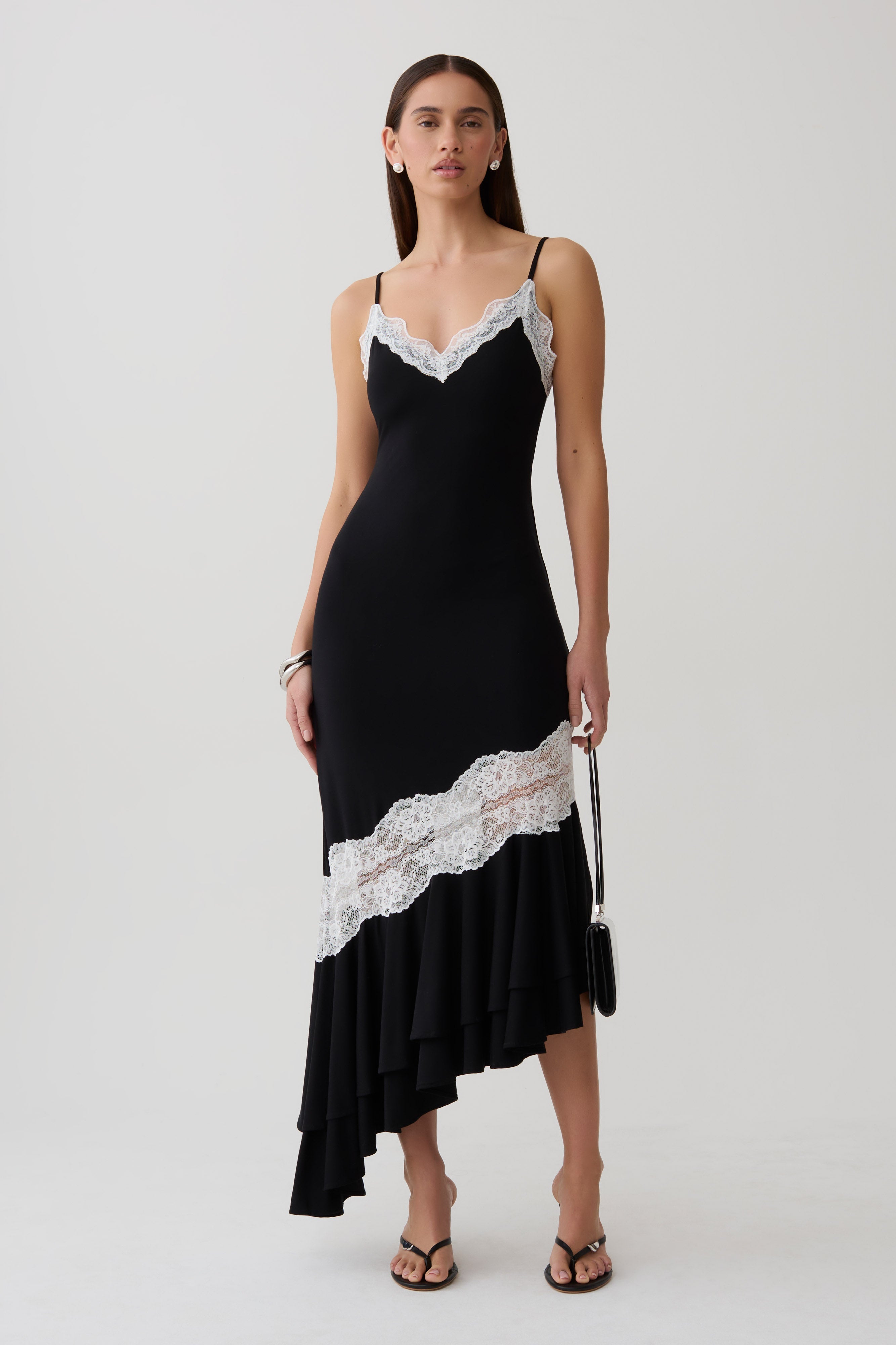 Annis Frilled Hem Lace Midi Dress - Black/White