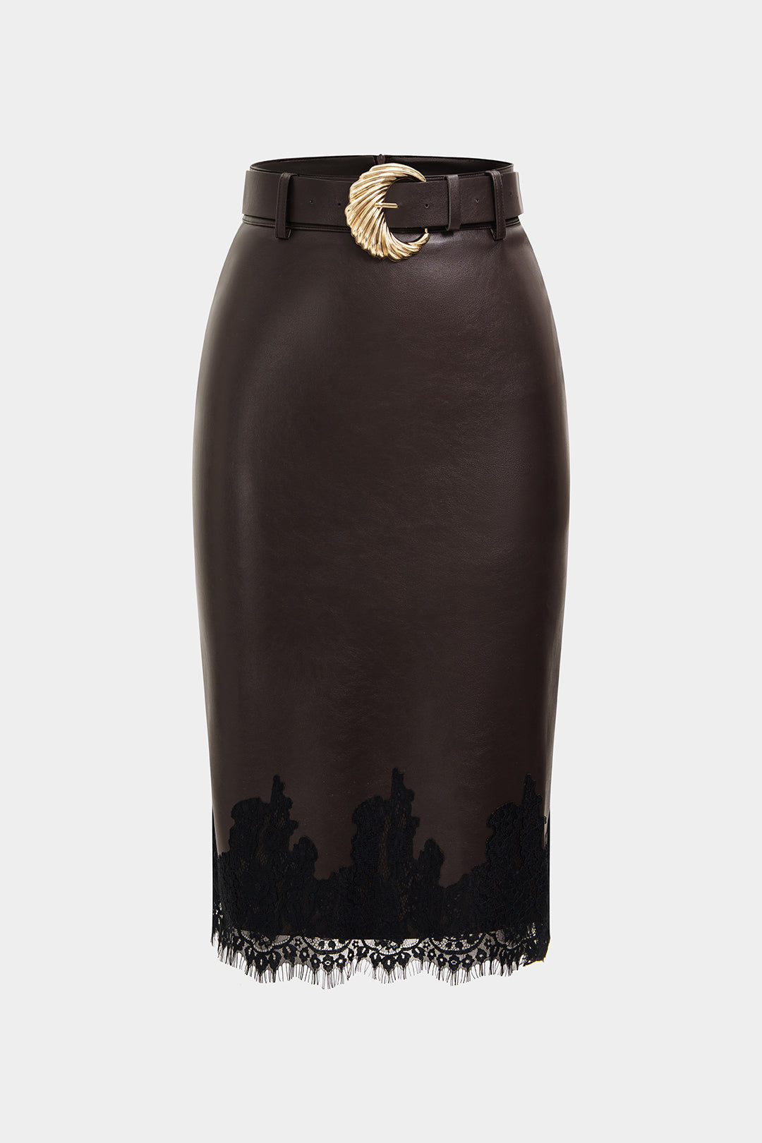 Faux Leather Patchwork Lace Belted Straight Skirt