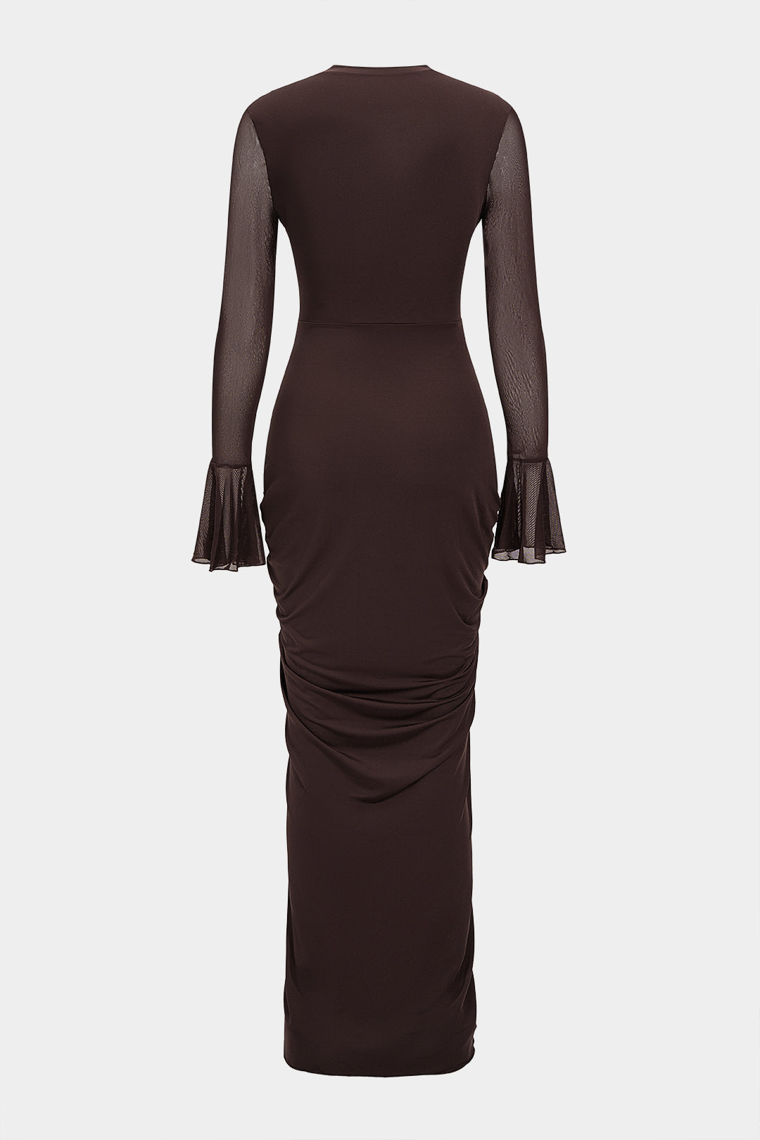 Mesh Patchwork Ruched Bell Long Sleeve Maxi Dress