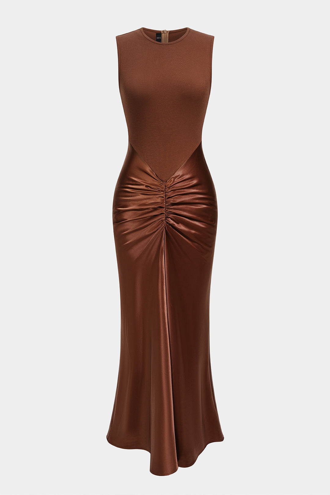 Satin Patchwork Round Neck Ruched Sleeveless Maxi Dress