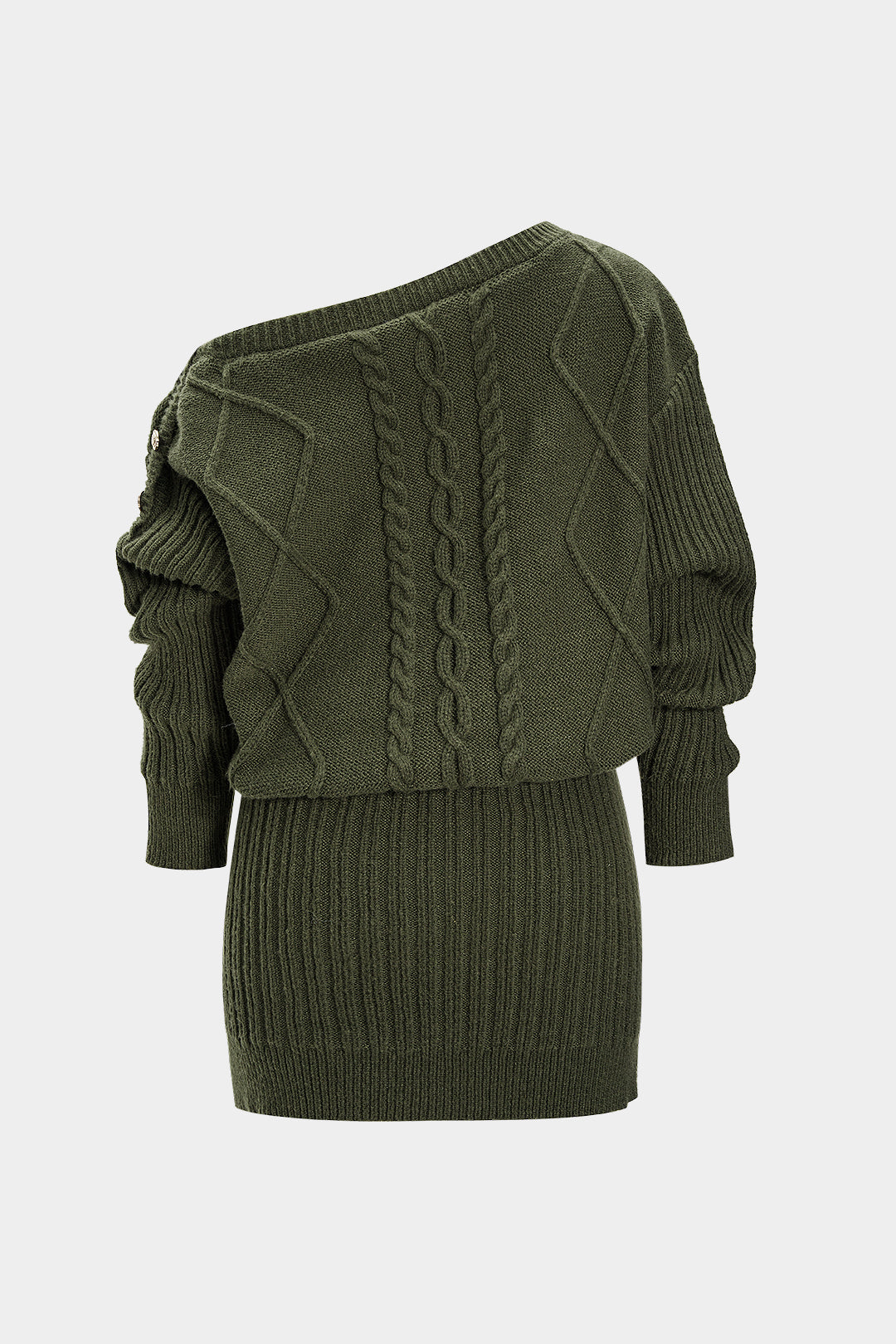 Knit One Shoulder Asymmetrical Metallic Button Long Sleeve Mini Dress