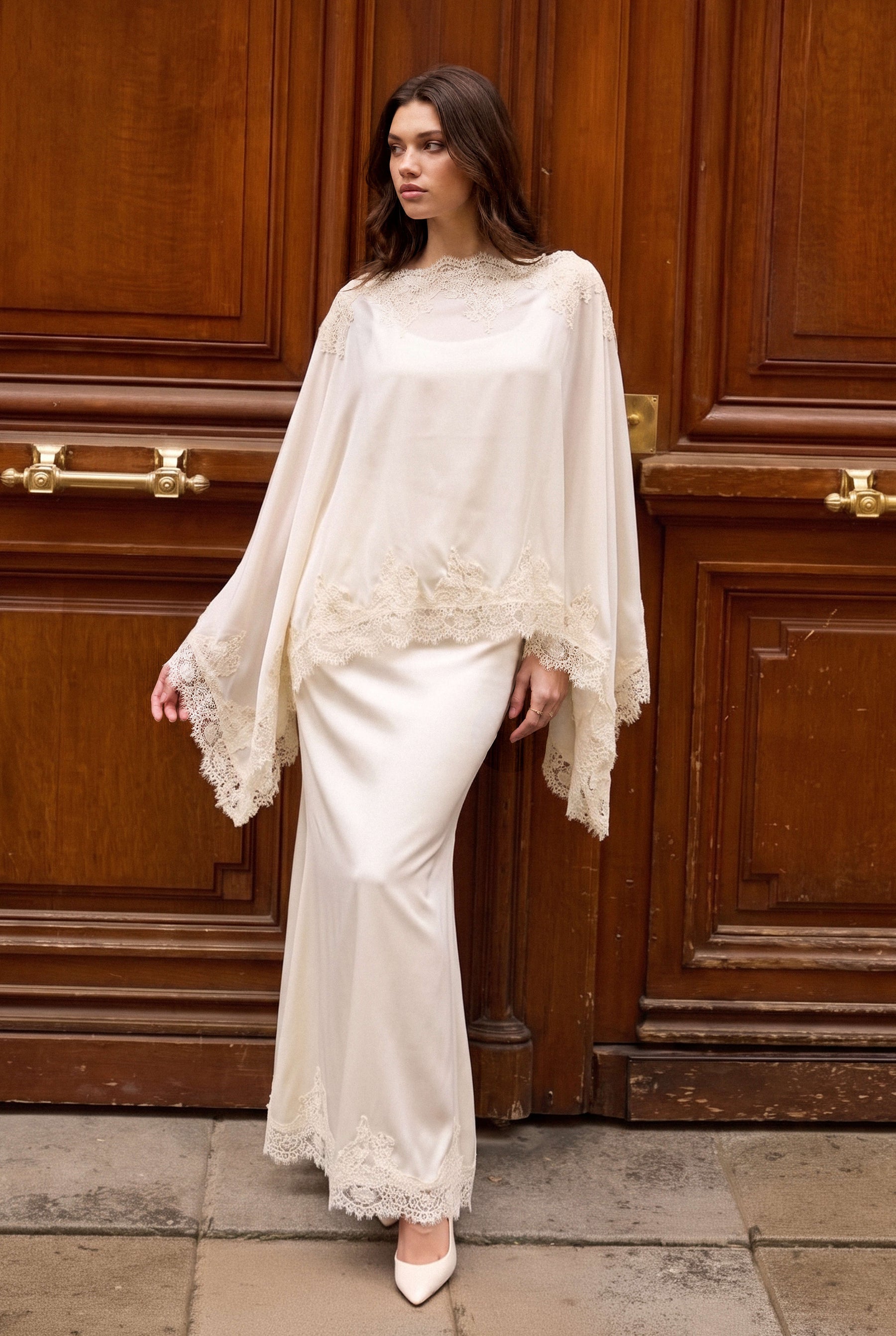 Lace Trim Patchwork Shawl And Shirred Waistband Skirt Set