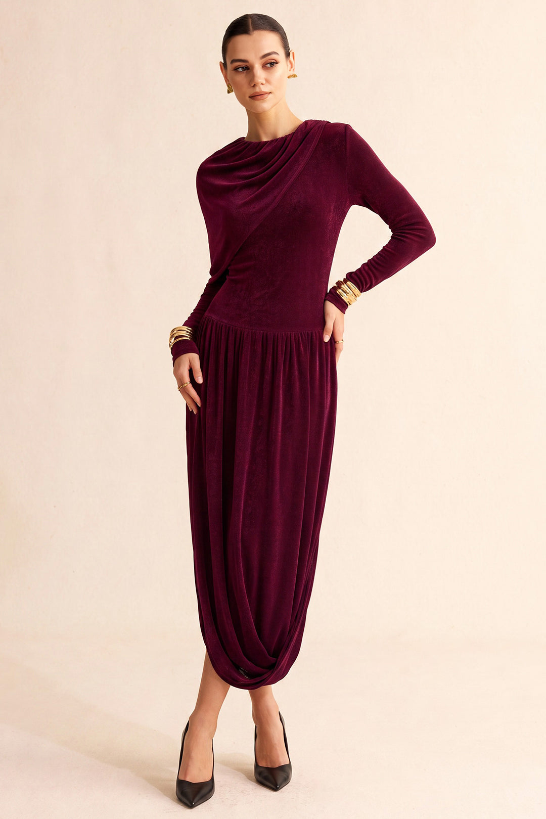 Asymmetrical Ruched Round Neck Long Sleeve Maxi Dress