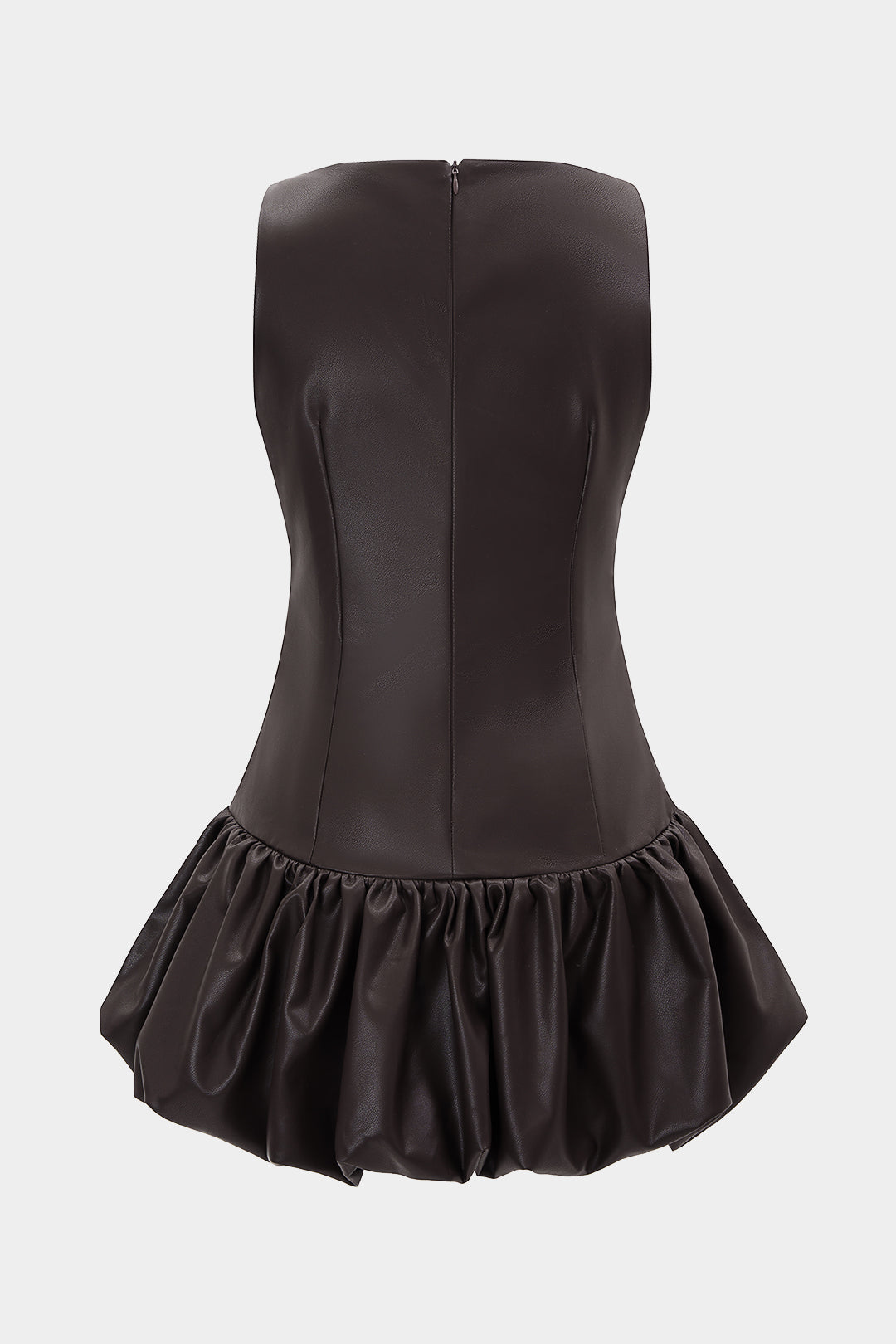 Faux Leather Round Neck Ruched Hem Sleeveless Mini Dress