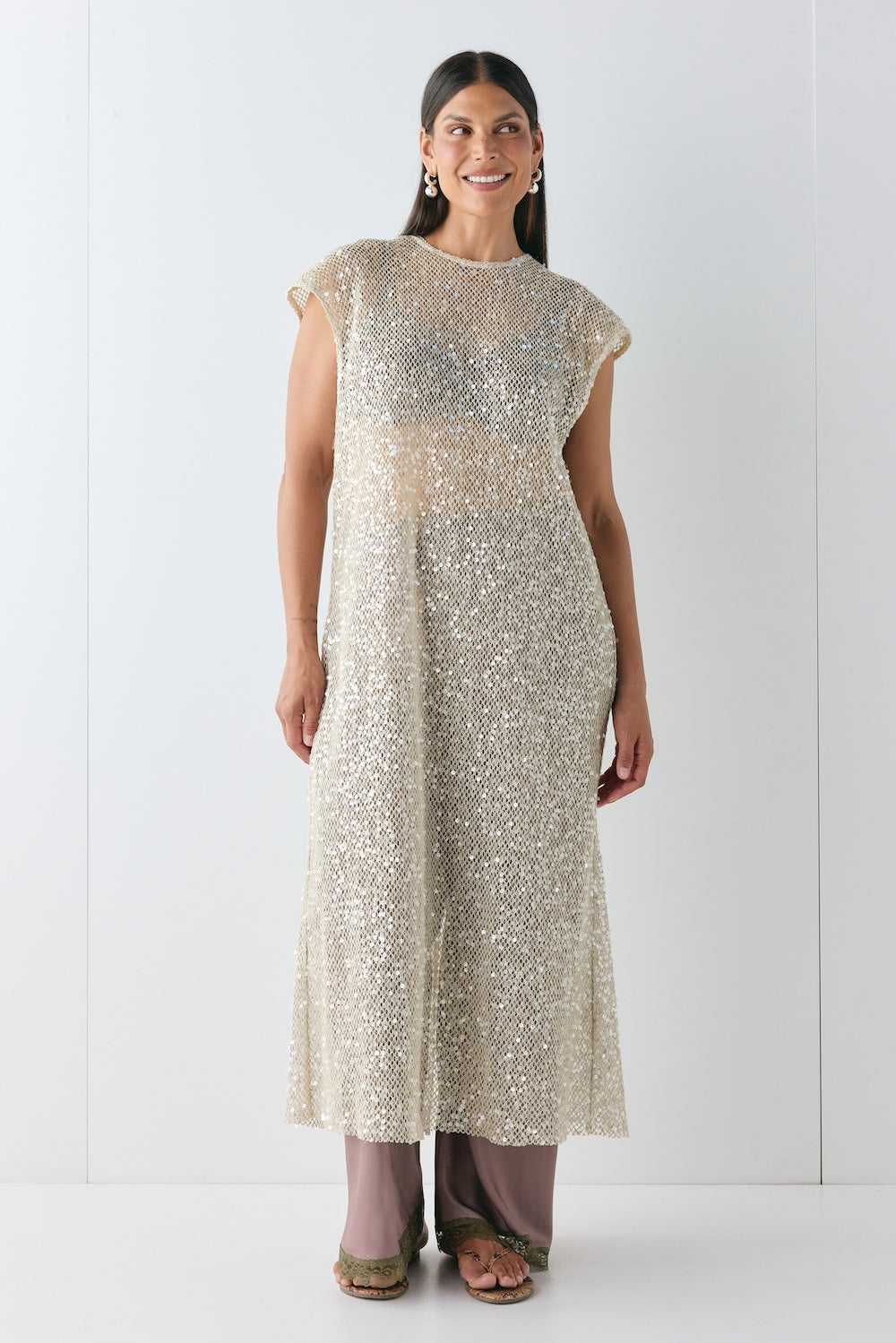 Sabre Sequin Midi Dress Oat
