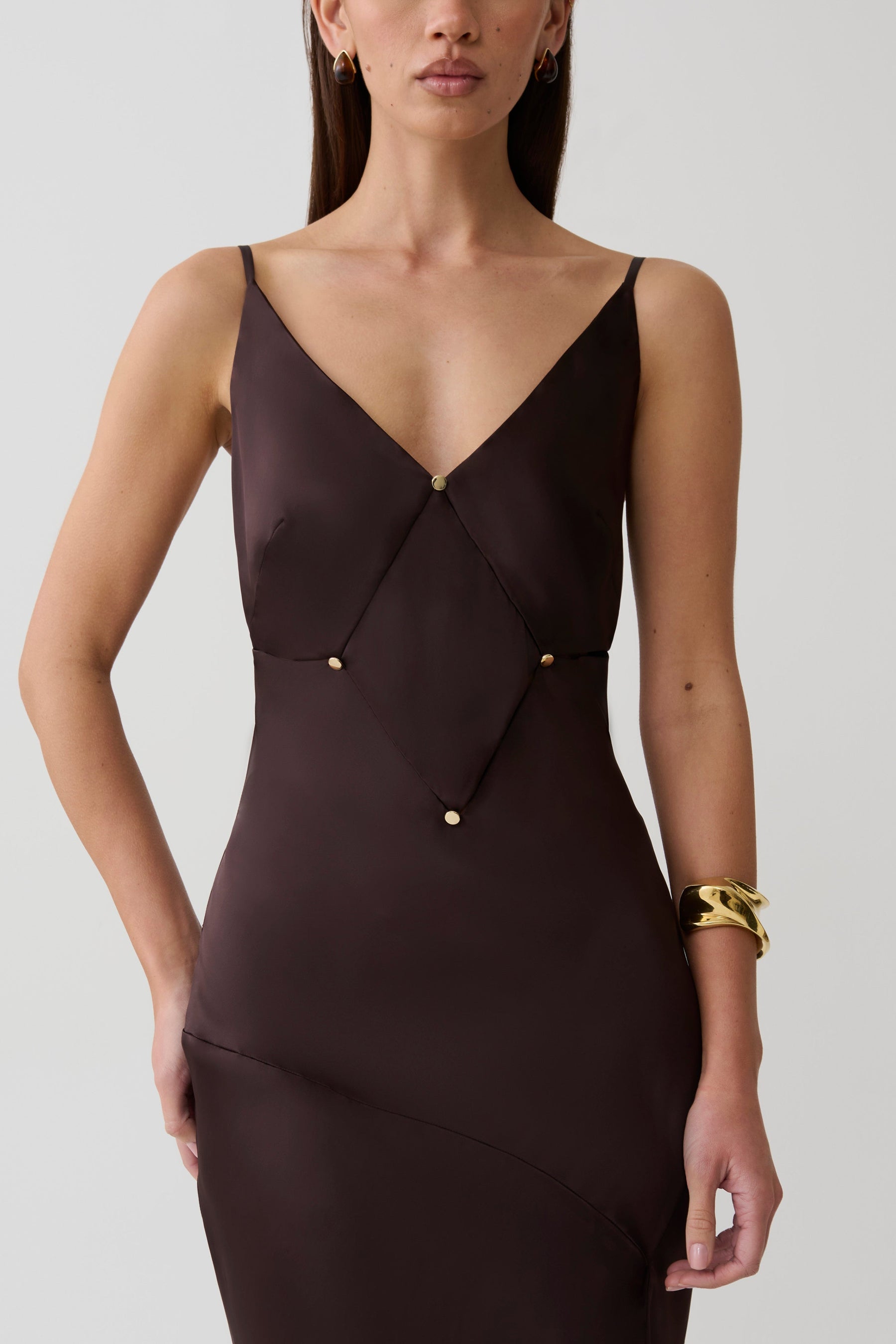 Maddison V Neck Satin Maxi Dress - Dark Chocolate