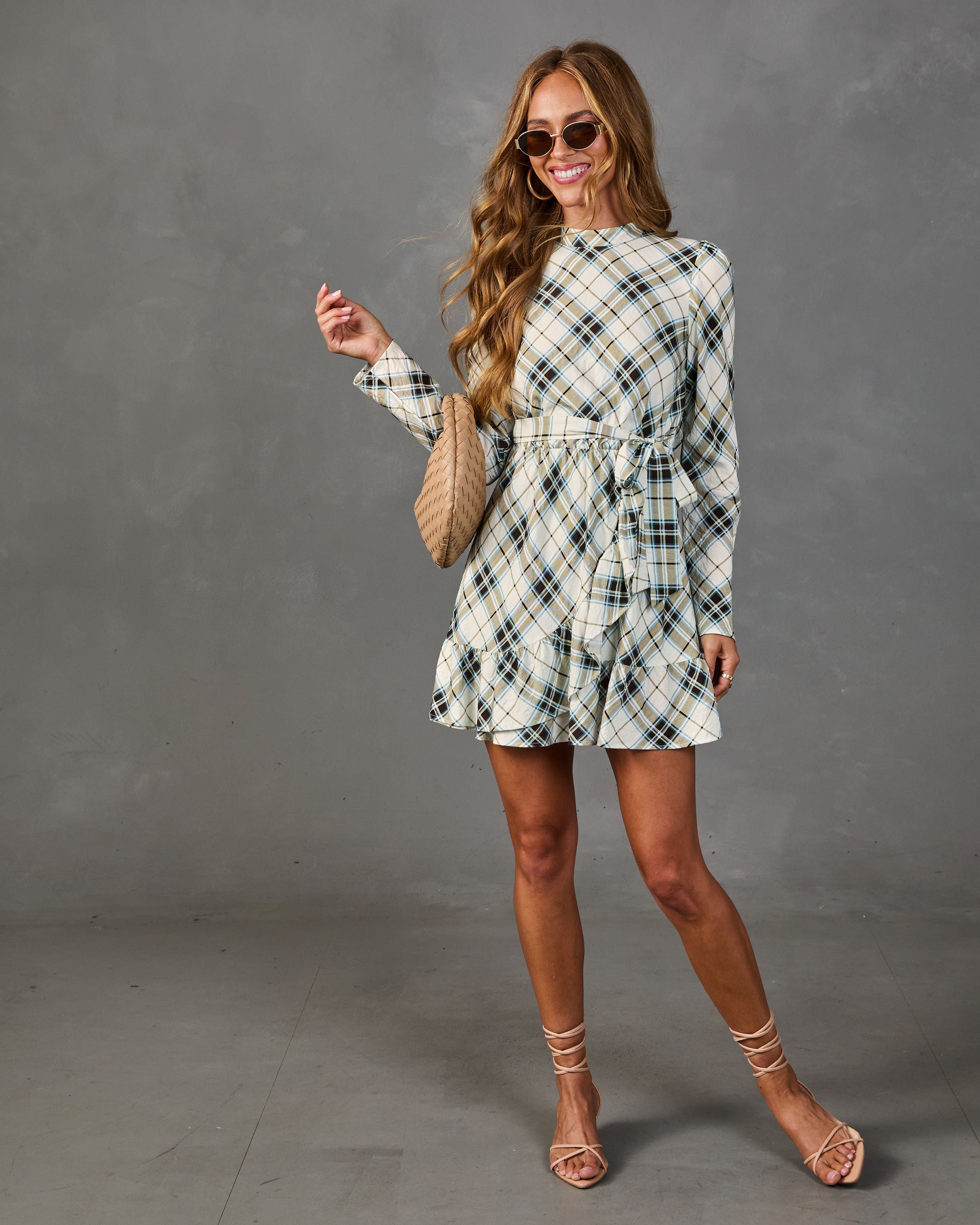 Afternoon Calling Plaid Waist Tie Mini Dress