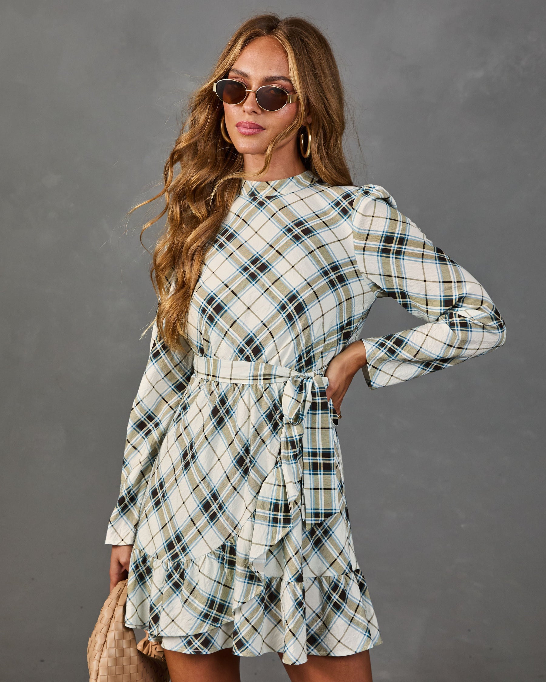 Afternoon Calling Plaid Waist Tie Mini Dress
