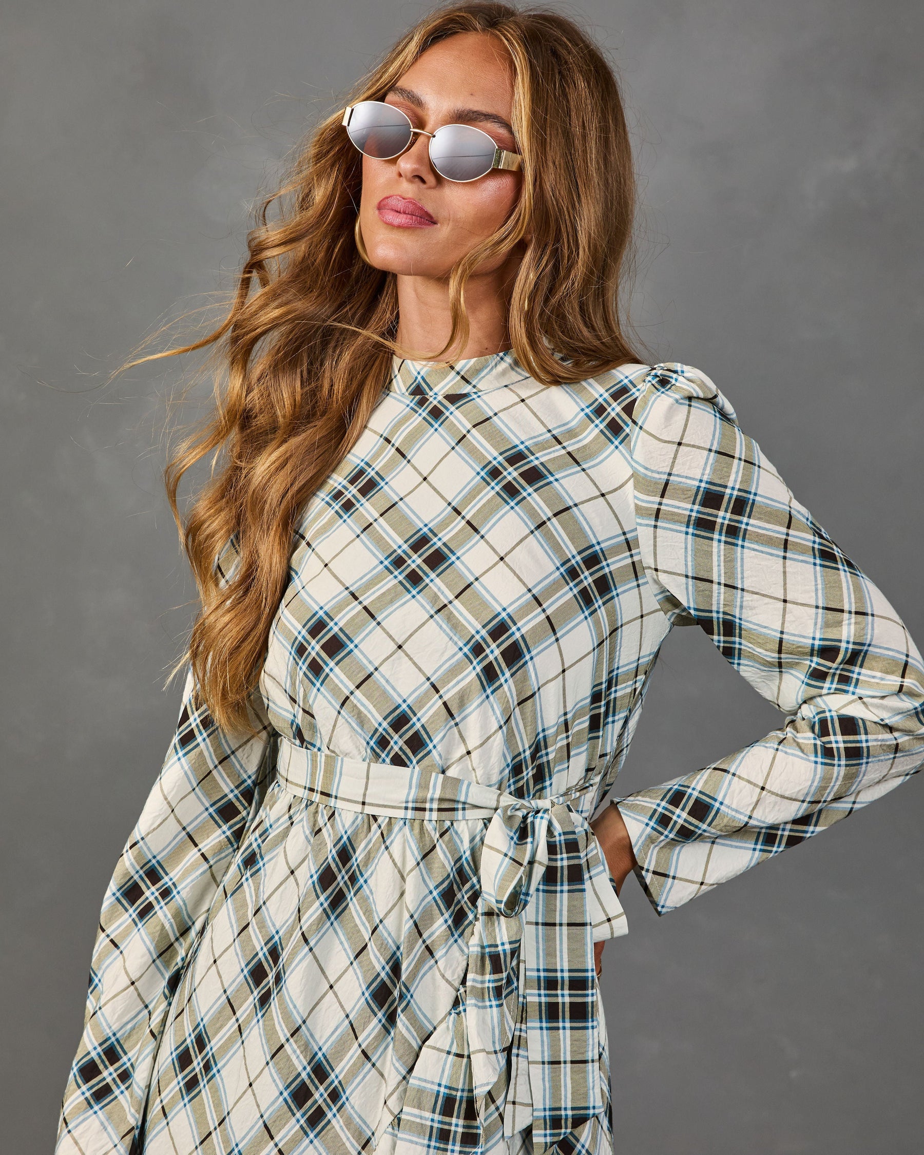 Afternoon Calling Plaid Waist Tie Mini Dress