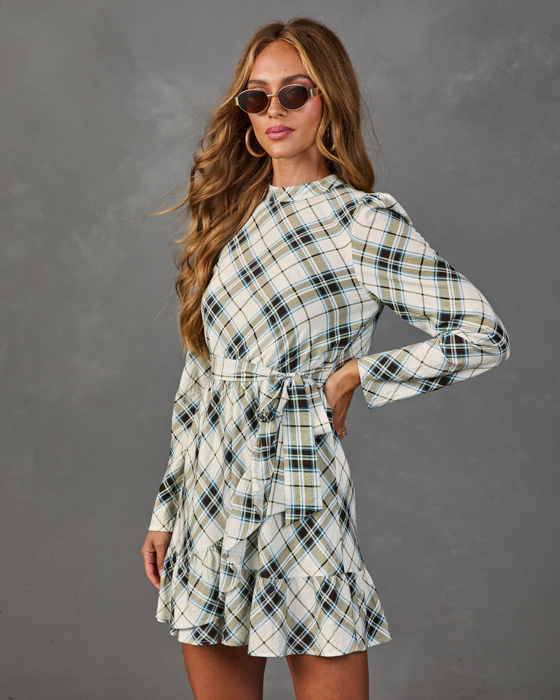 Afternoon Calling Plaid Waist Tie Mini Dress