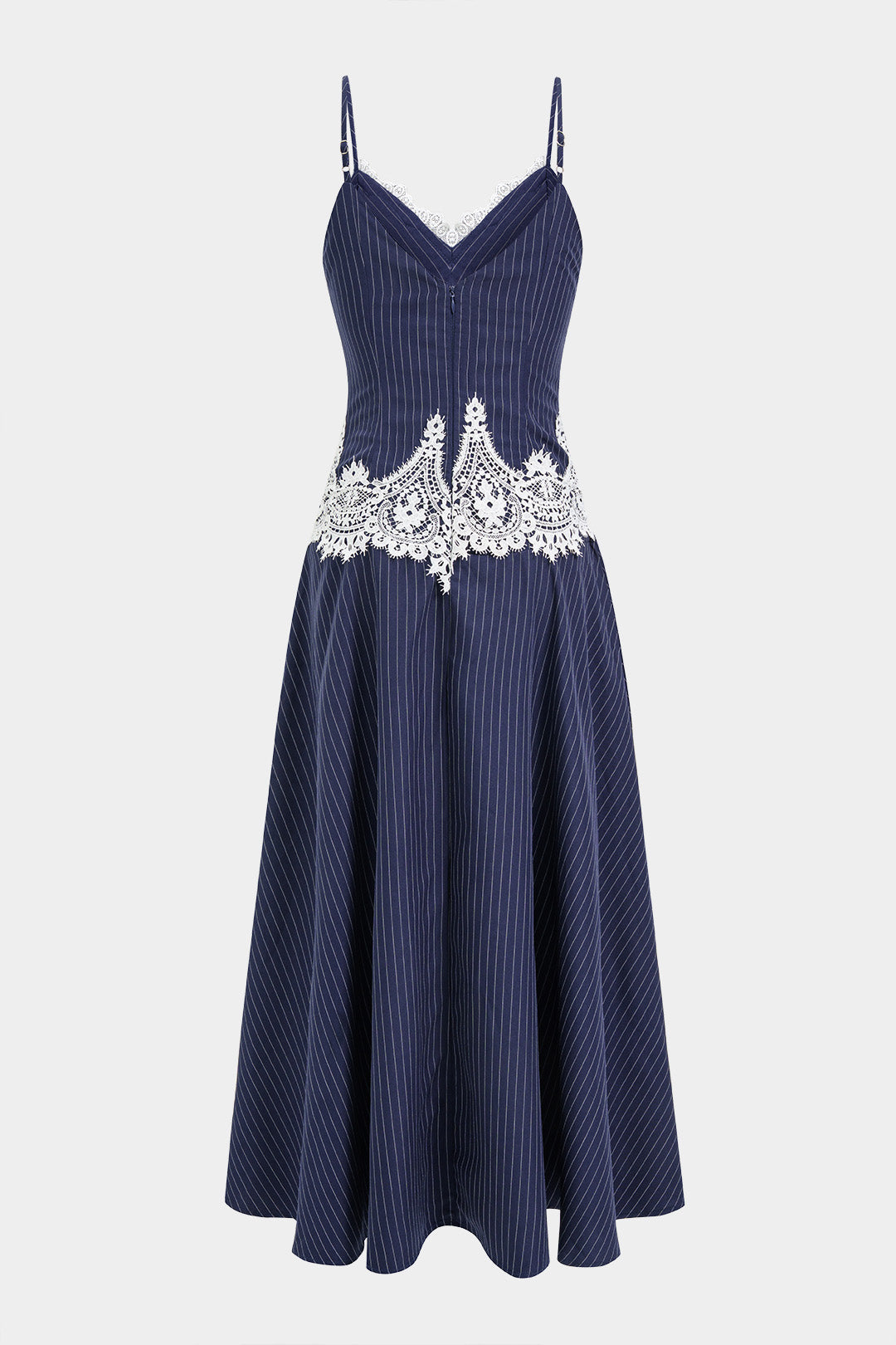 Stripes Print Patchwork Lace Trim Slip Sleeveless Maxi Dress