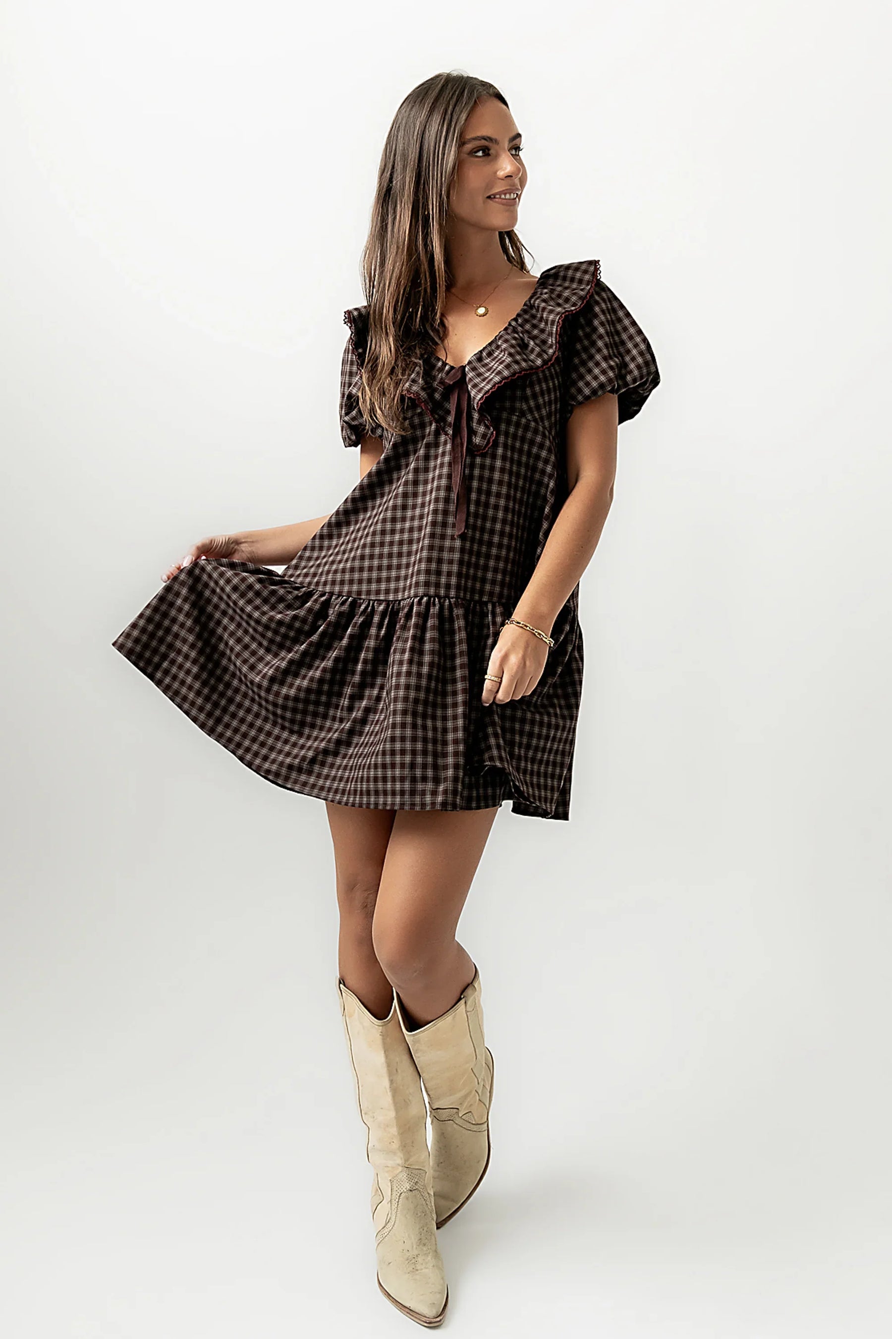 Tony Gingham Baby Doll Dress in Brown