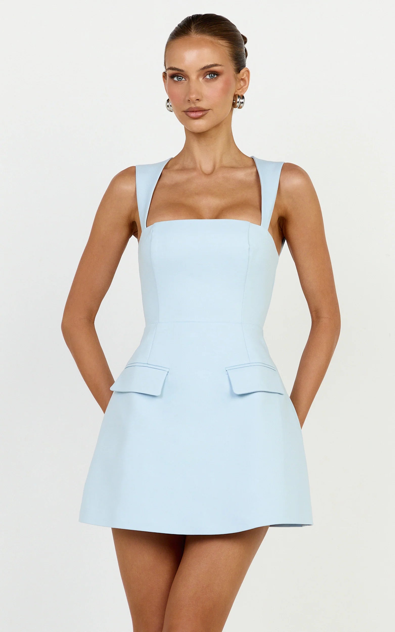 Garrett Mini Dress - Square Neck Fit And Flare Dress in Light Blue