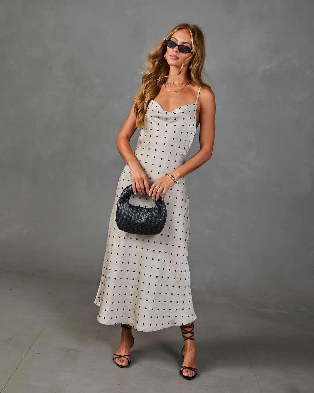 Gentle Arrival Satin Polka Dot Maxi Dress